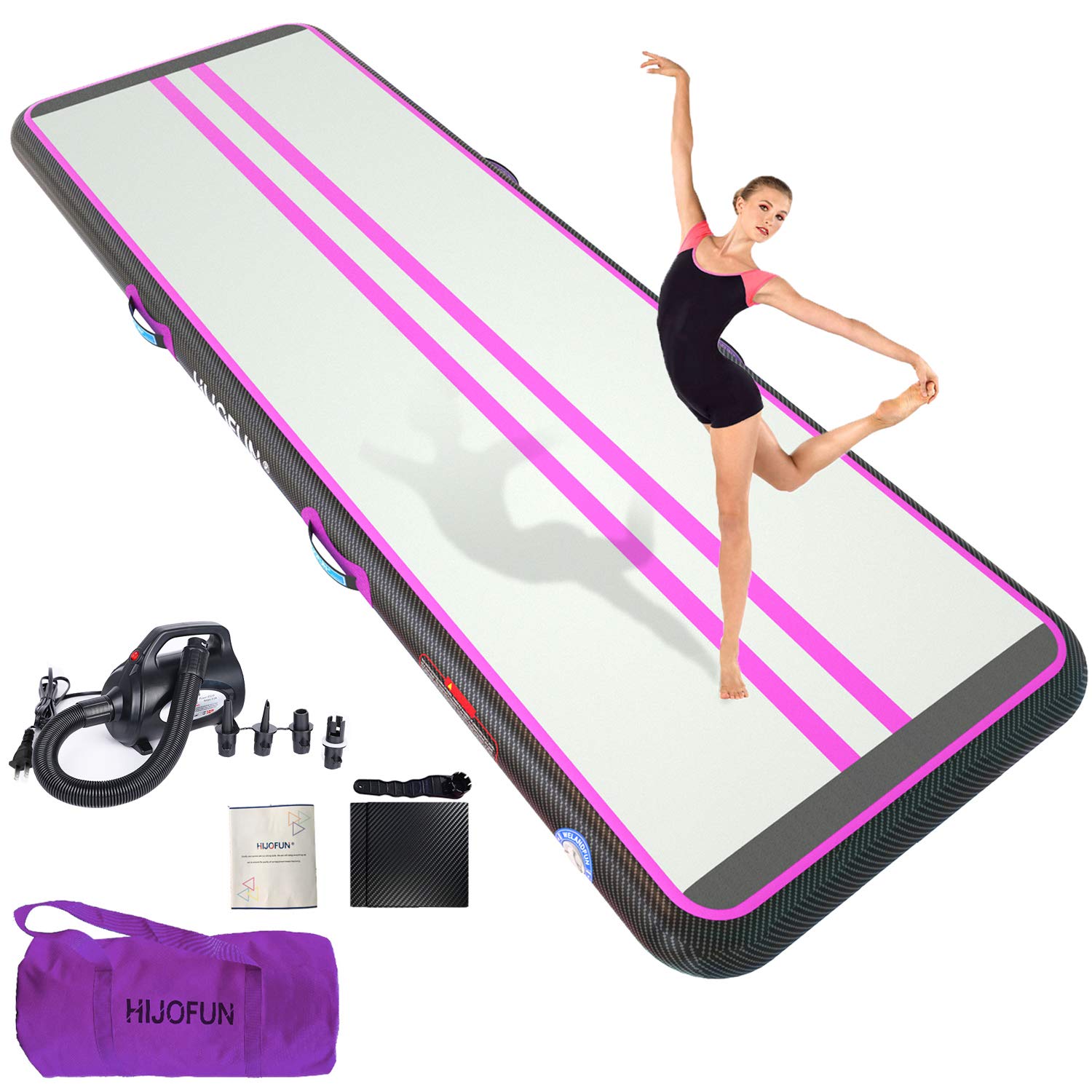 HIJOFUN Premium Air Mat Track 10ftx3.3ftx8in Gymnastics Tumbling Mat for Flipping Inflatable Tumble Track with 650W Electric Air Pump for Home Kids,Gym,Yoga,Training,Cheerleading,Outdoor Pink Black