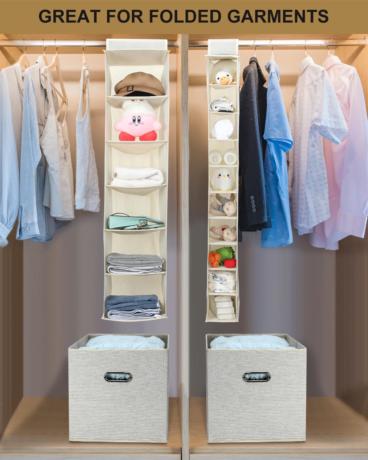 NEATJELAI 2 Pack Hanging Closet Organizer 6 Tier Large Hanging Shoe Organizer Shelves for Closet Wardrobe Baby Clothes Organization and Storage, Foldable Design, Beige，12" D x 47" W x 12" H