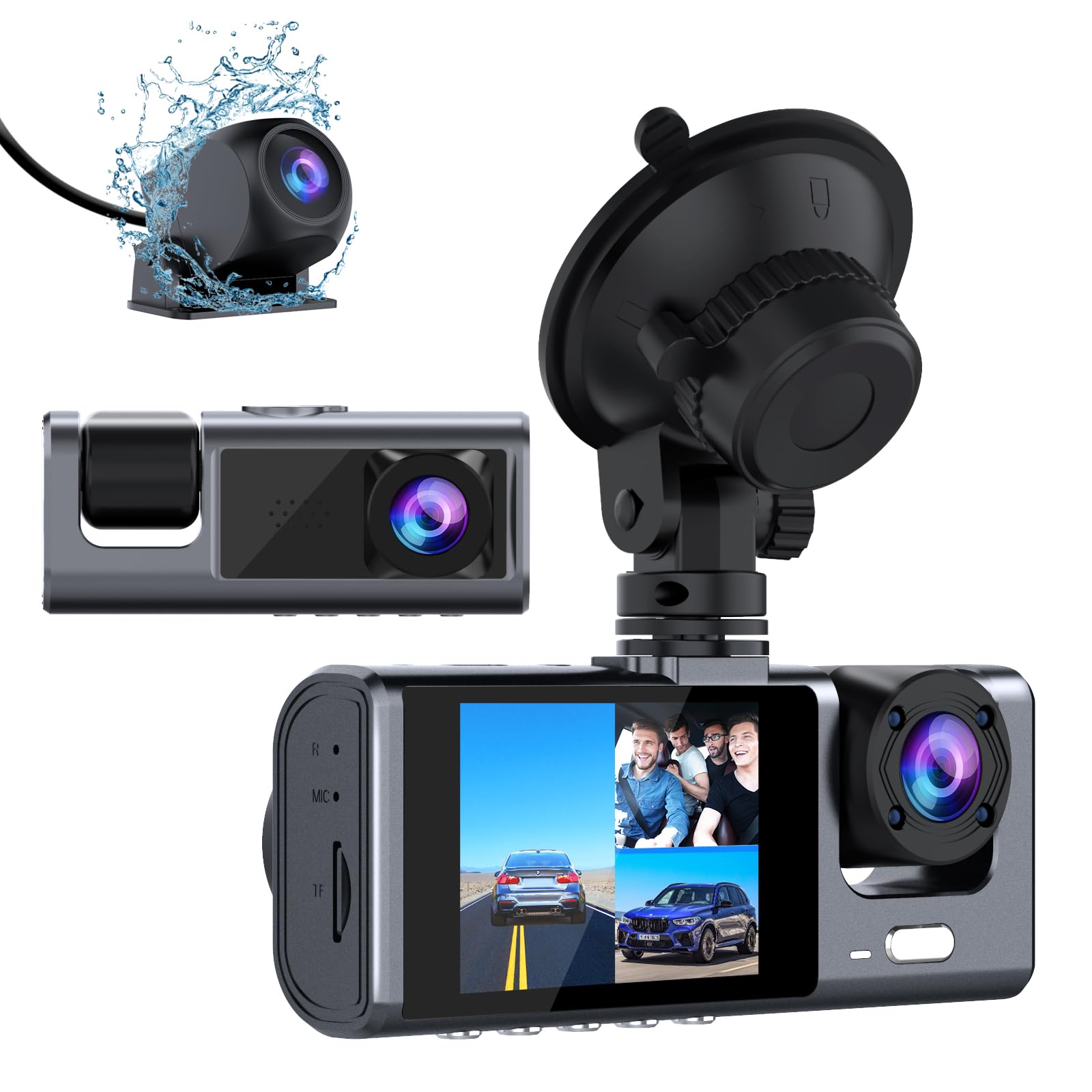 Galphi 3 Channel Dash Cam Front and Rear Inside, 1080P Dash Camera for Cars, Dashcam Three Way Triple Car Camera with IR Night Vision, Loop Recording, G-Sensor, 24 Hours Recording, Support 128 GB Max