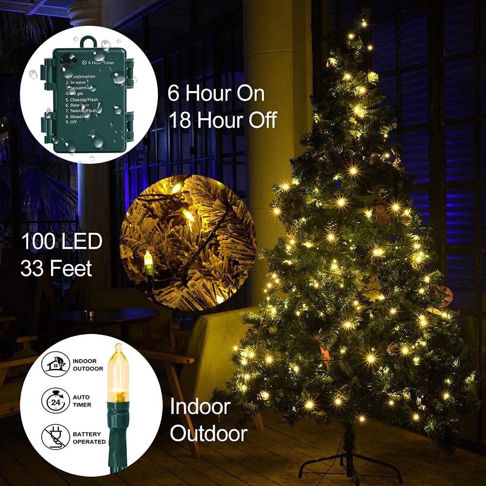 ASENEK Christmas Light, 33ft 100 LED Battery Operated String Lights with Auto Timer & 8 Modes, Green Wire Outdoor Waterproof String Lights for Outdoor and Indoor Christmas Decor – Warm White