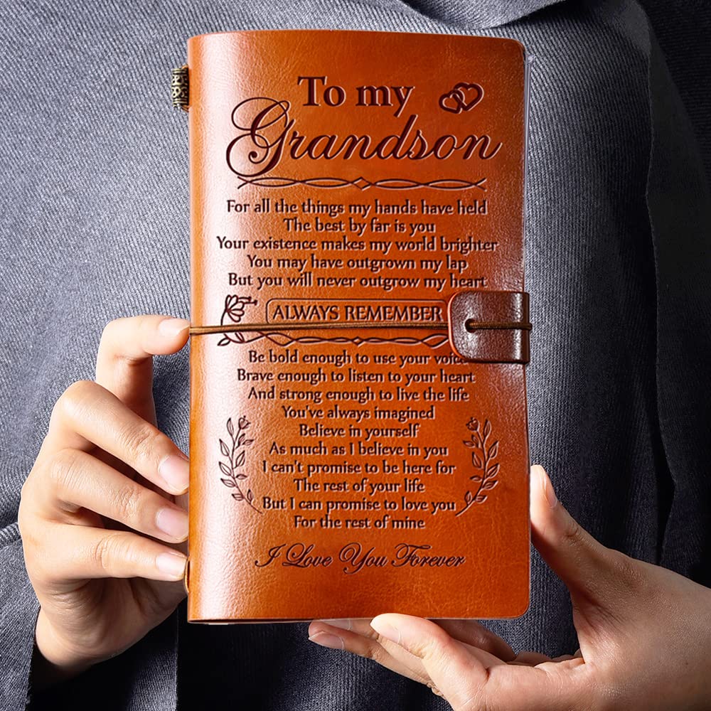 Hiipeenow Grandson Gifts from Grandma, To My Grandson Leather Travel Journal 140 Pages, Grandson Birthday Cards, Birthday Graduation Christmas Back to School Gifts for Grandson from Grandpa