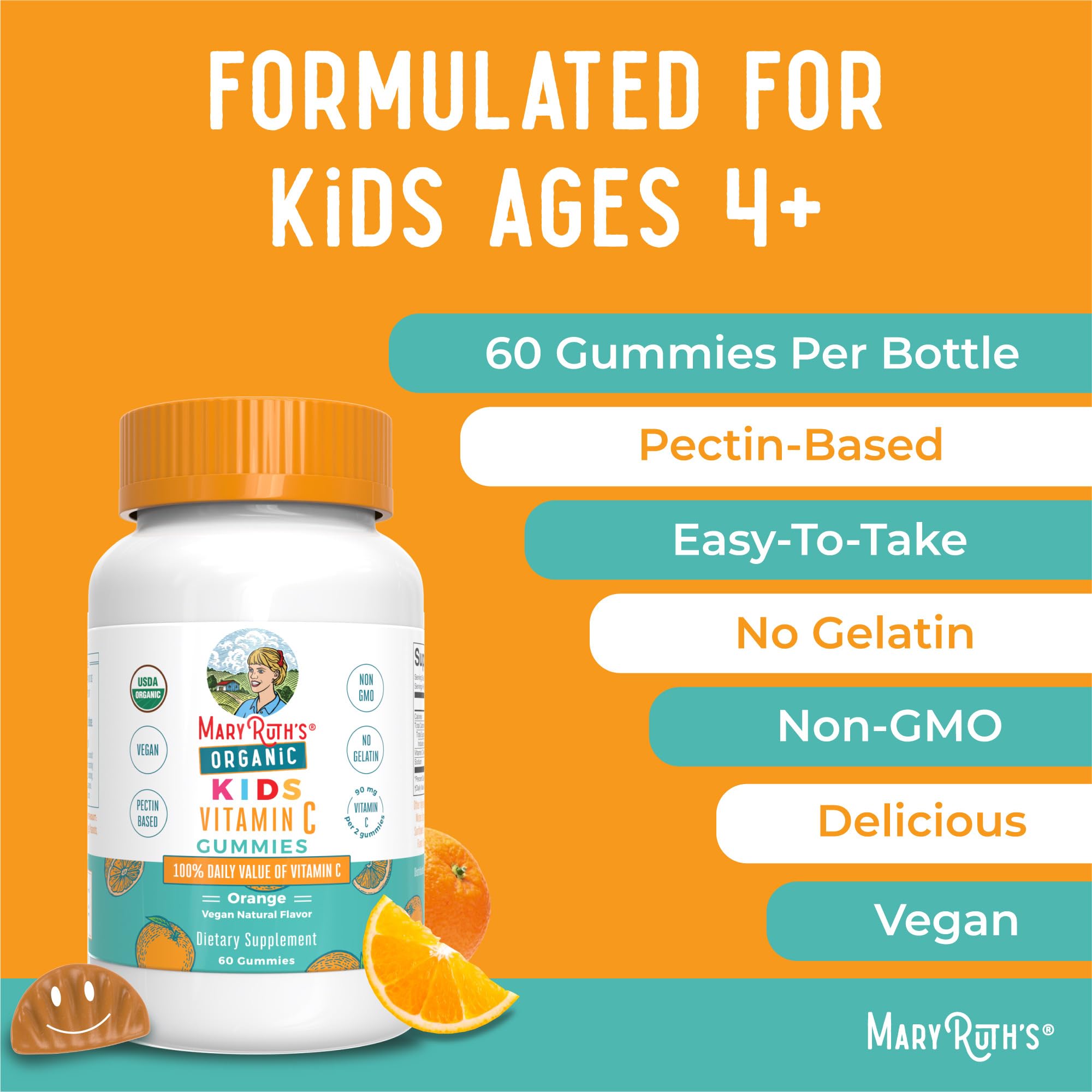 MaryRuth Organics Kids Vitamin C Gummies | Supplement for Immune Support & Overall Health |Immune Support Supplement | Vitamin C for Kids Ages 4+ | Vegan | Non-GMO | 60 Servings