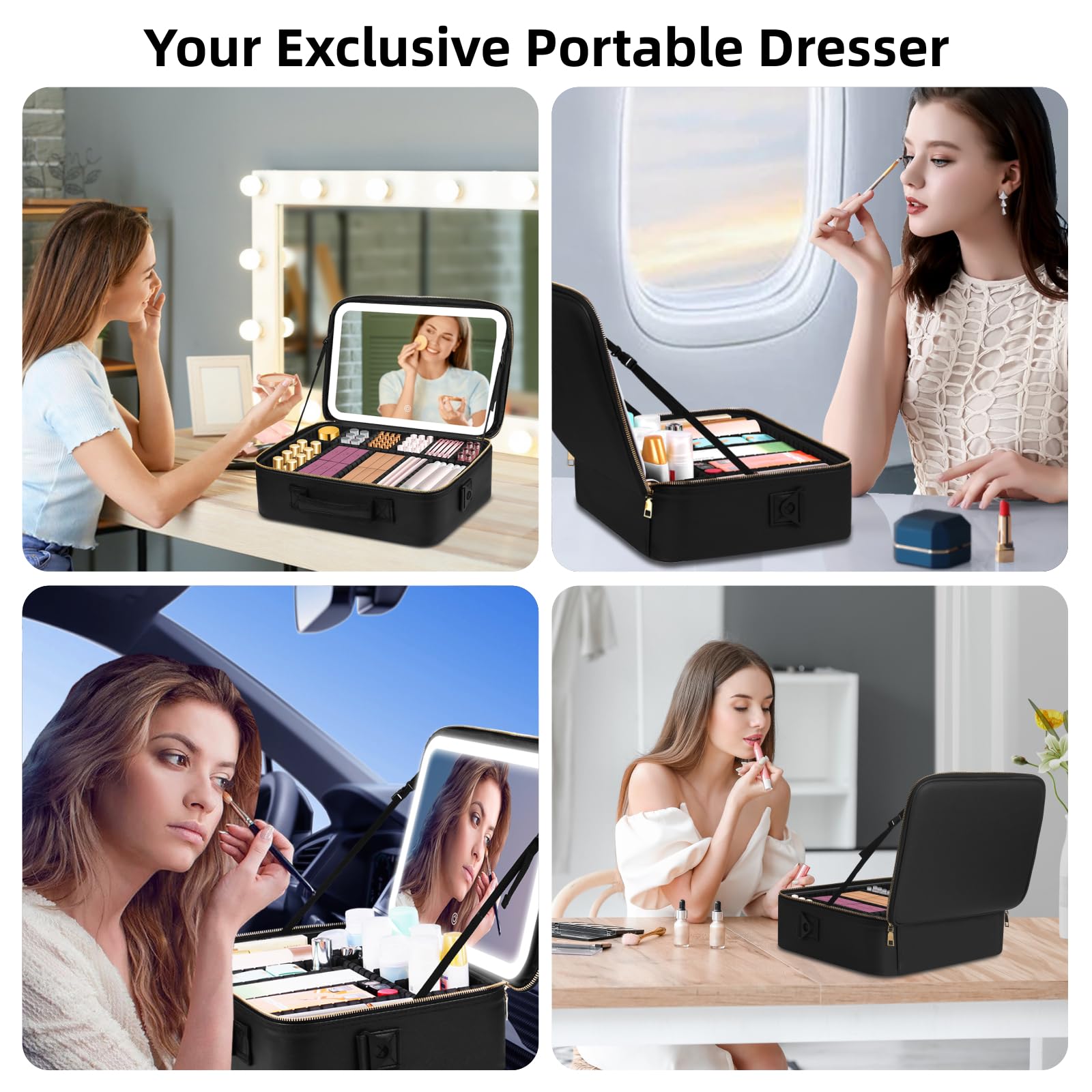 Upgraded Large Travel Makeup Bag with LED Mirror, 15” Professional Makeup Case with 3 Color Modes Dimming Lighted Mirror, Light up Cosmetic Make up Organizer with PU Leather Cover, Adjustable Dividers