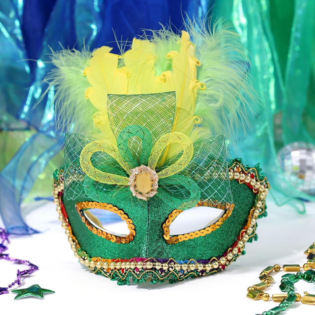 Campsis Masquerade Mask Green Mardi Gras Mask Feather Carnival Mask Venetian Costume Mask Party Favors for Women and Girls