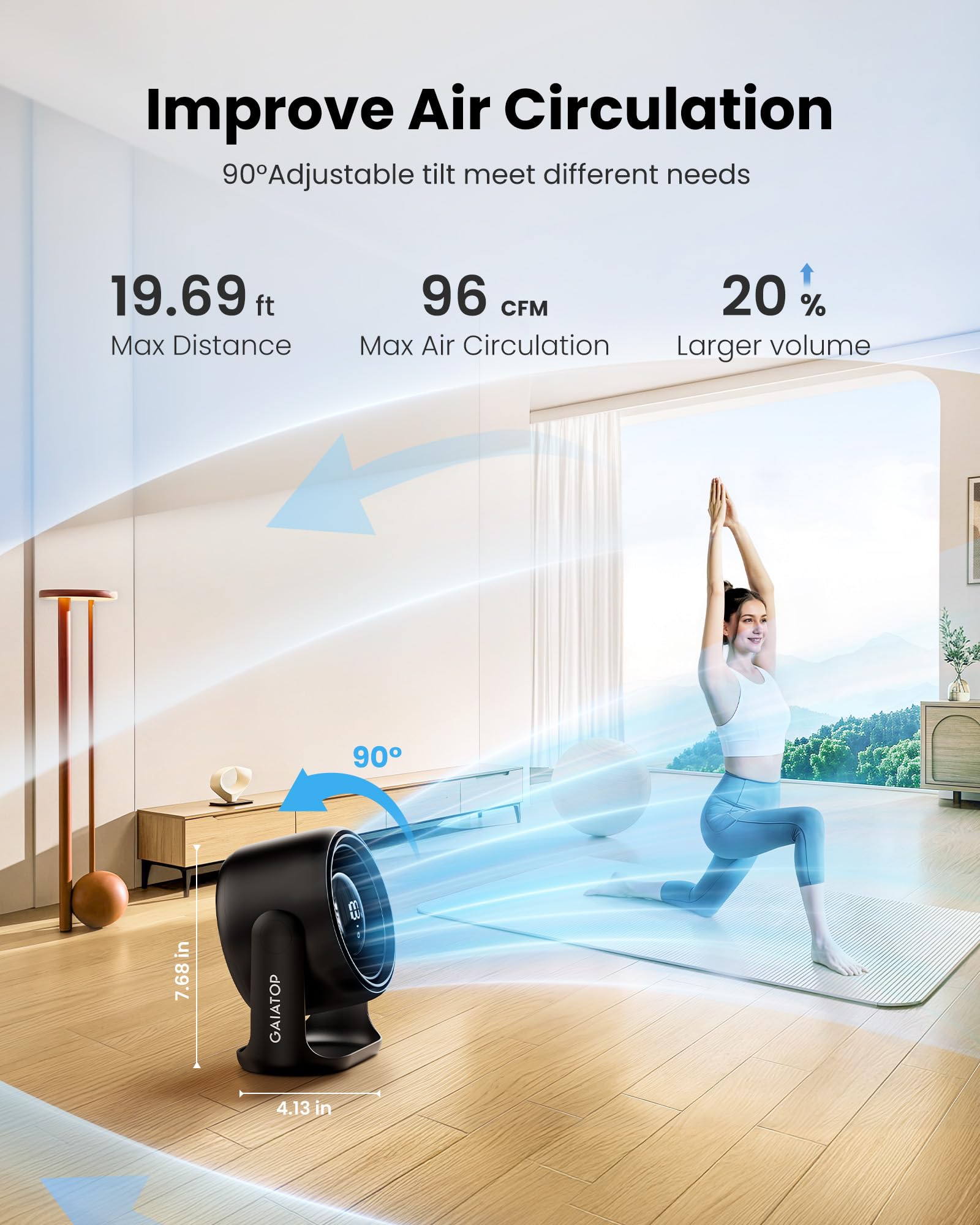 Gaiatop Desk Fan with Touch Control, 4000mAh Battery, 5 Speeds Ultra Quiet Bedroom Fan with LED Display, 90° Tilt, 7.7 Inch USB-C Rechargeable Desktop Fan for Dorm Office Room Home Office, Black