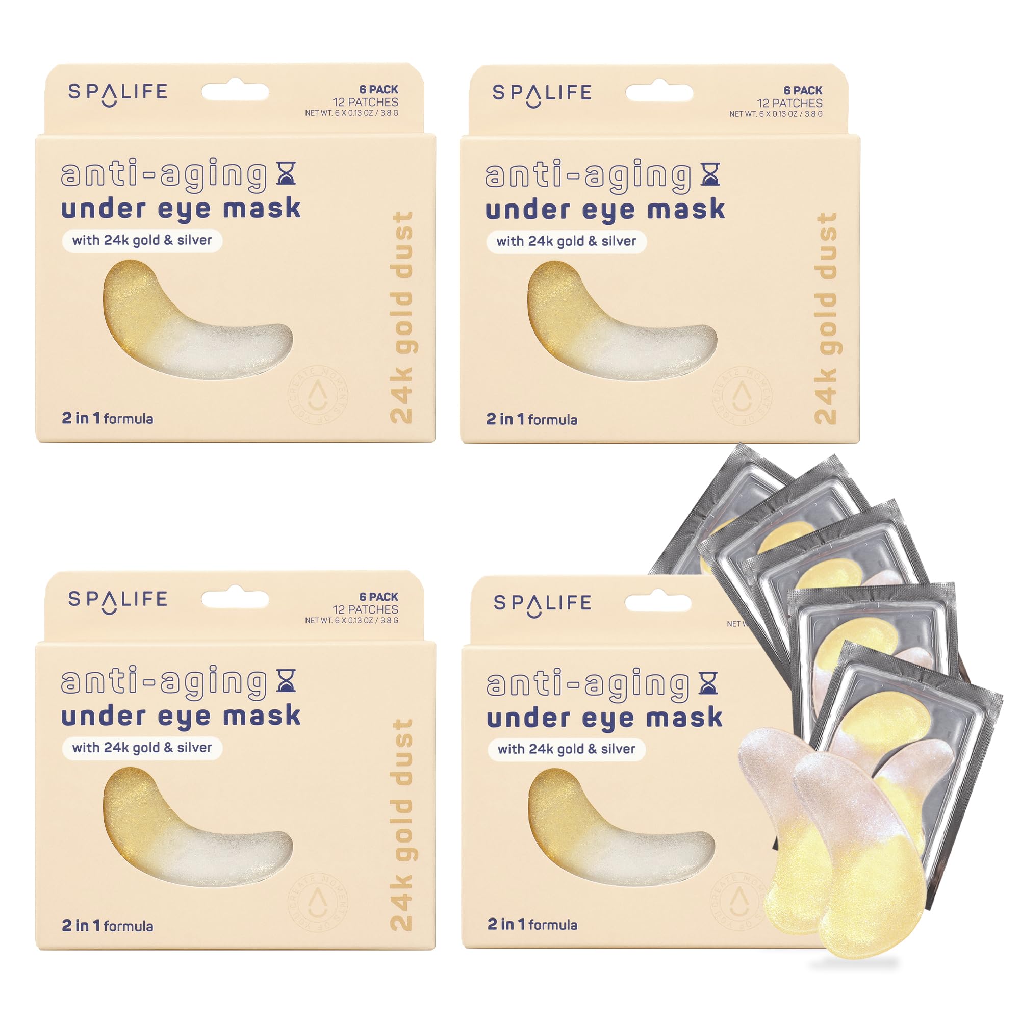 SpaLife Beauty Anti-Aging Under Eye Masks | Hydrogel Eye Patches for Fine Lines, Dryness, & Dullness with 24K Gold, Colloidal Silver | 2-in-1 Skincare Treatment | 48 Pairs