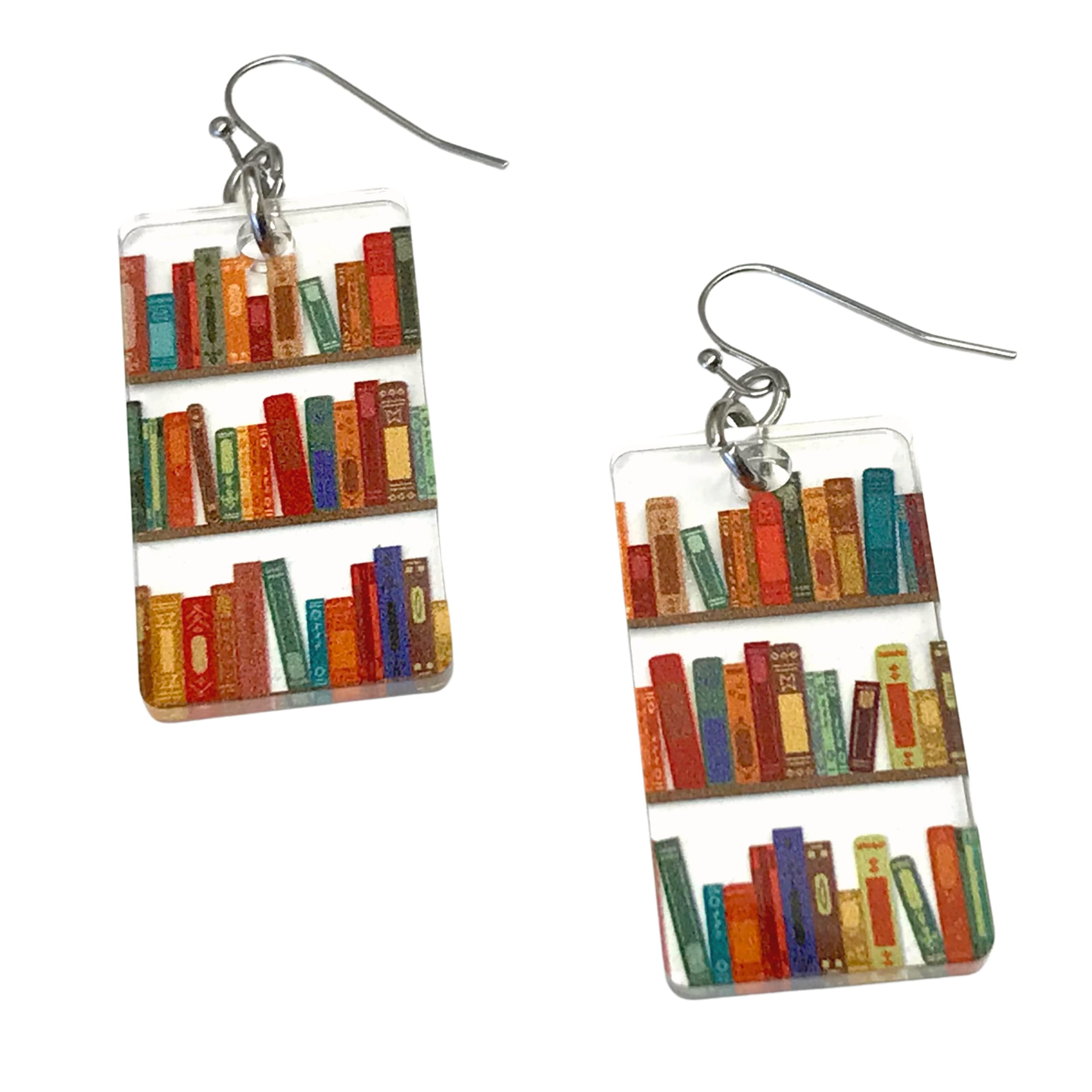 Bookcase Dangle Earrings with Book Shelves Patterned Acrylic