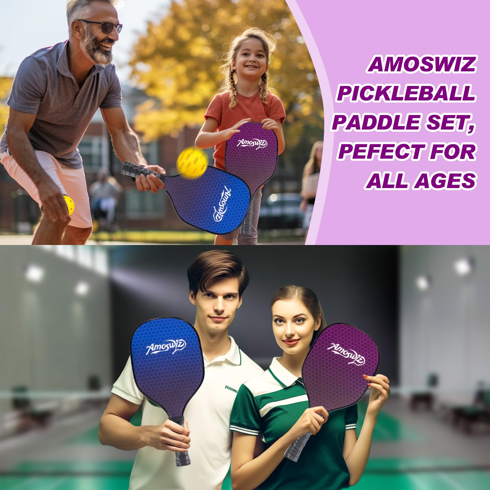 Amoswiz Pickleball Paddles Set of 4, Pickleball Paddles with Bag & 4 Pickleballs Set, Premium Pickle Ball Racket Starter Set, Gifting for Men Women