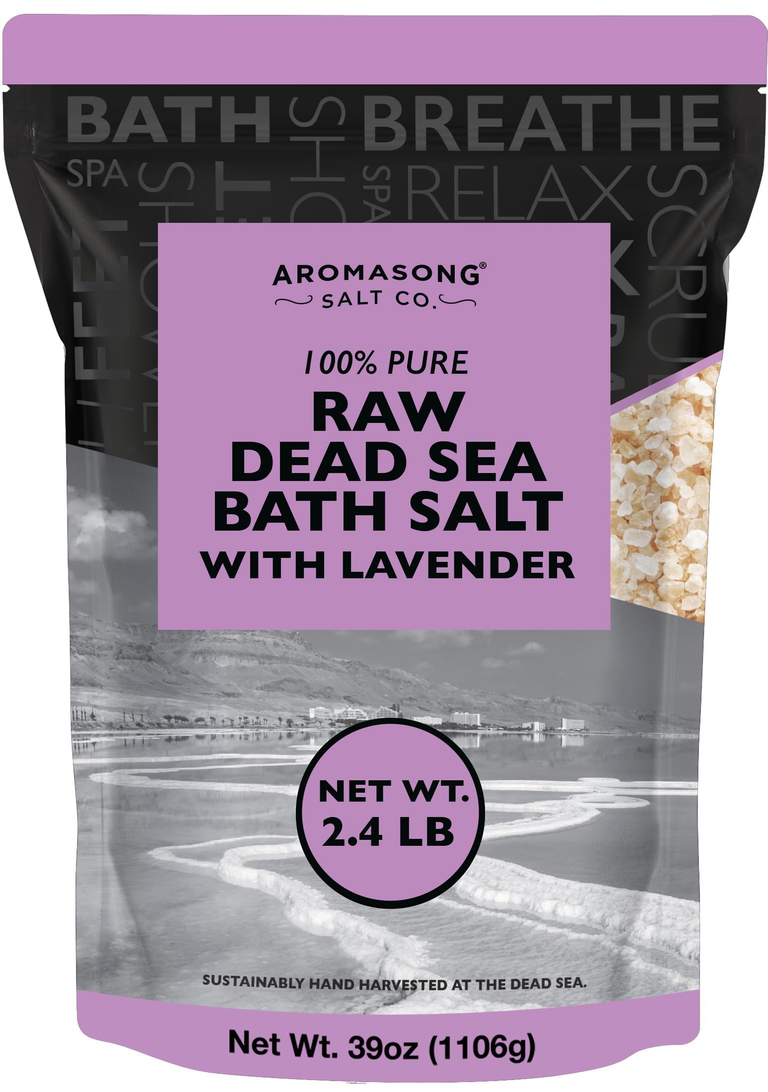 Aromasong Pure Raw Dead Sea Salt for Soaking with 100% Natural Lavender, 2.43 LB - Spa Bath Salt Fine Grain - Body Wash Scrub - Soak for Women & Men- Bulk Resealable Pack