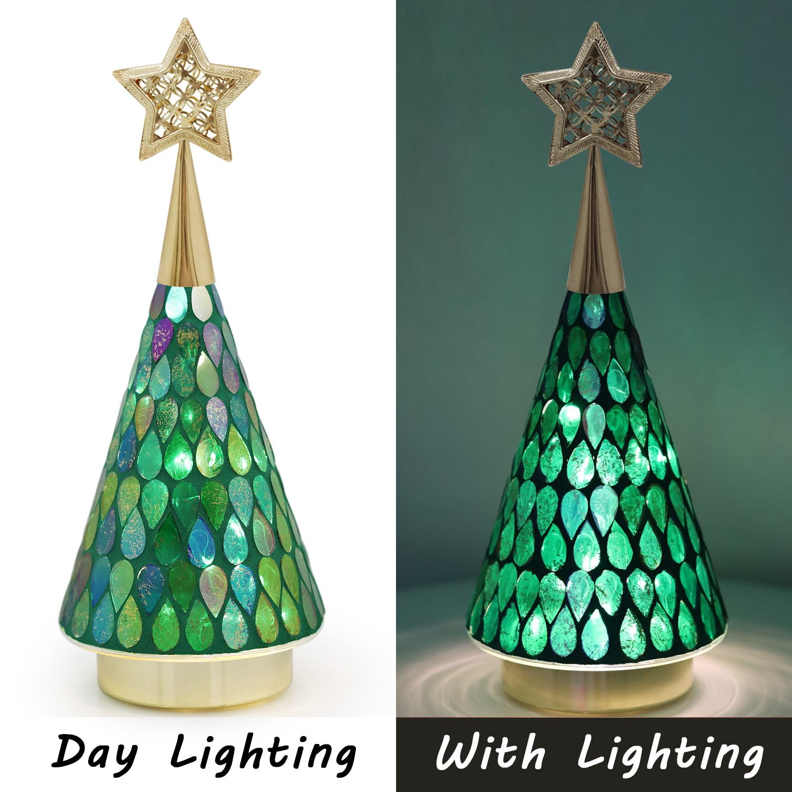 Green Mosaic Glass Christmas Tree, 2 PCS Small Tabletop Christmas Trees with Light, Battery Operated Mini Xmas Tree for Mantel Decor 11"