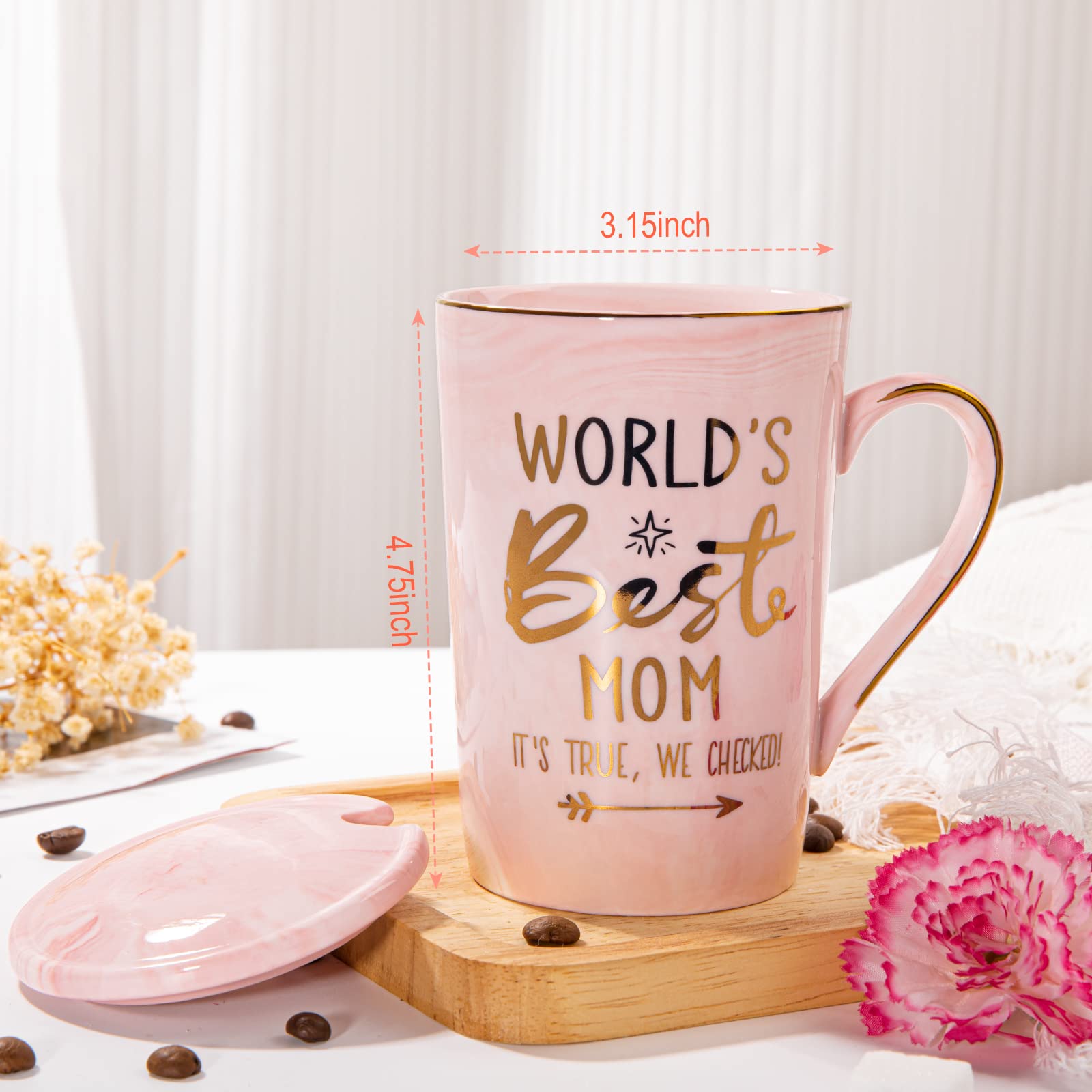 ALBISS Mothers Day Gifts for Mom from Daughter Son Kids - World's Best Mom - Funny Mom Mug with Gold, Mom Birthday Presents for Mom, 14oz Pink Marble Ceramic Coffee Cup with Lid Card, Nice Gift Boxed