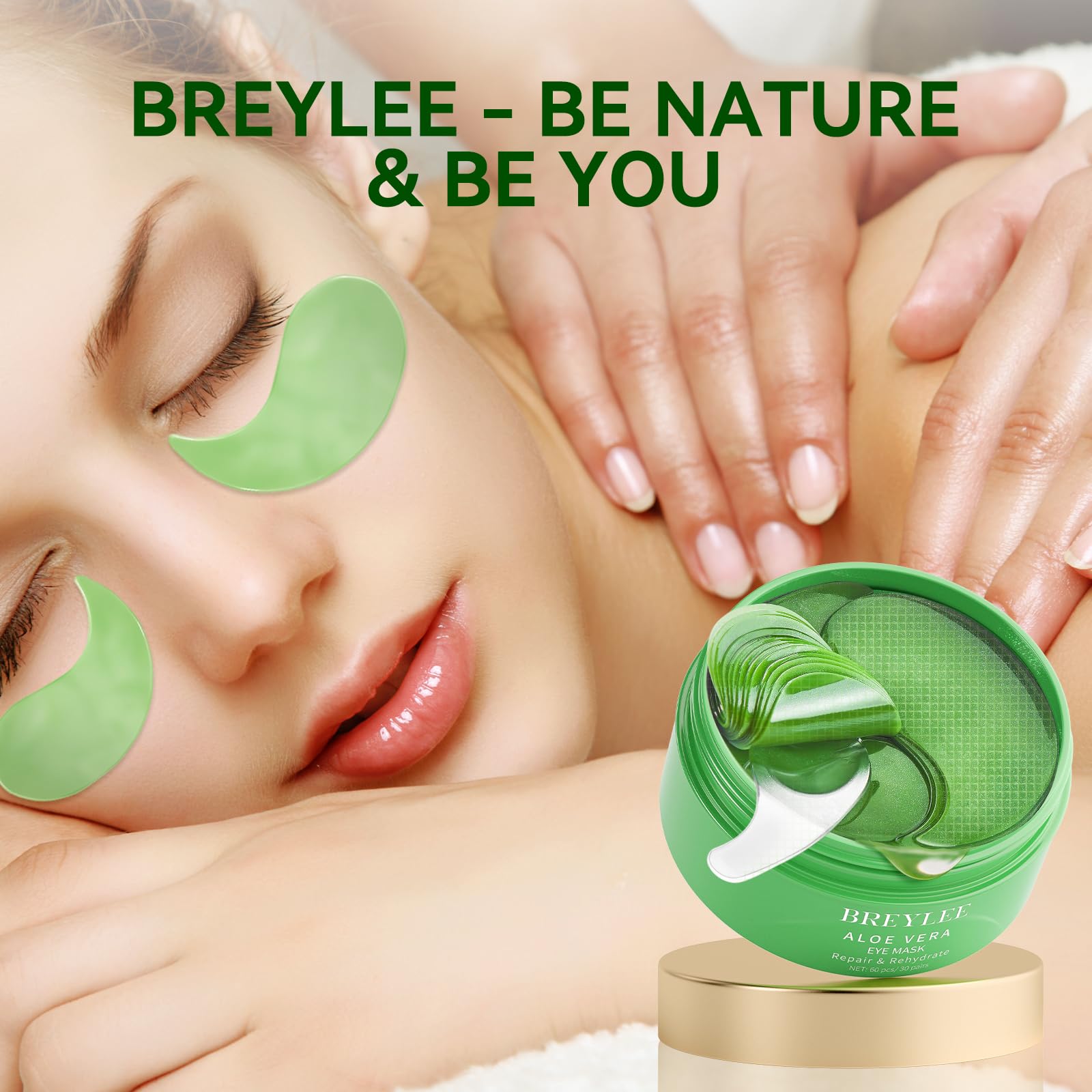 BREYLEE Aloe Vera Eye Masks - 60 Pcs - Reduce Puffy Eyes & Dark Circles, Firm & Improve Under Eye Skin, Pure Natural Extracts for Youthful Appearance & Reduction of Fine Lines and Wrinkles.