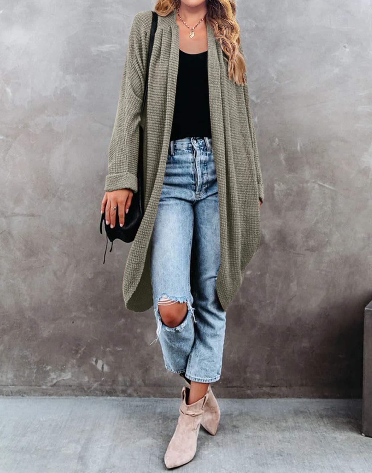 MEROKEETY Women's 2024 Fall Waffle Knit Batwing Long Sleeve Cardigan Loose Open Front Sweater Coat, Olive, Large