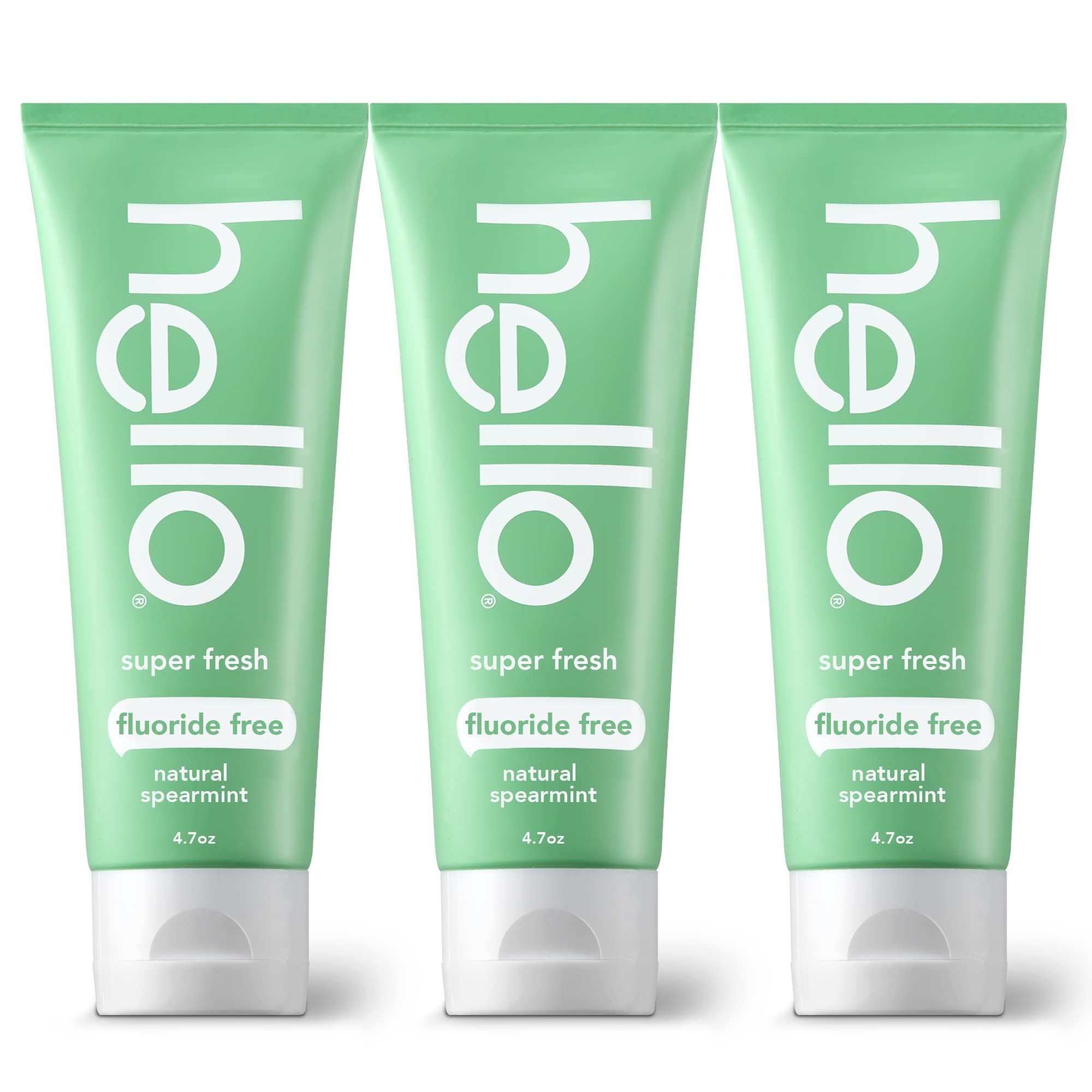 Hello Super Fresh Whitening Toothpaste, Fluoride Free Toothpaste with Natural Spearmint and Coconut Oil, Vegan, No Peroxide, No Fluoride, No Dyes, Gluten Free, BPA Free, 3 Pack, 4.7 OZ Tubes