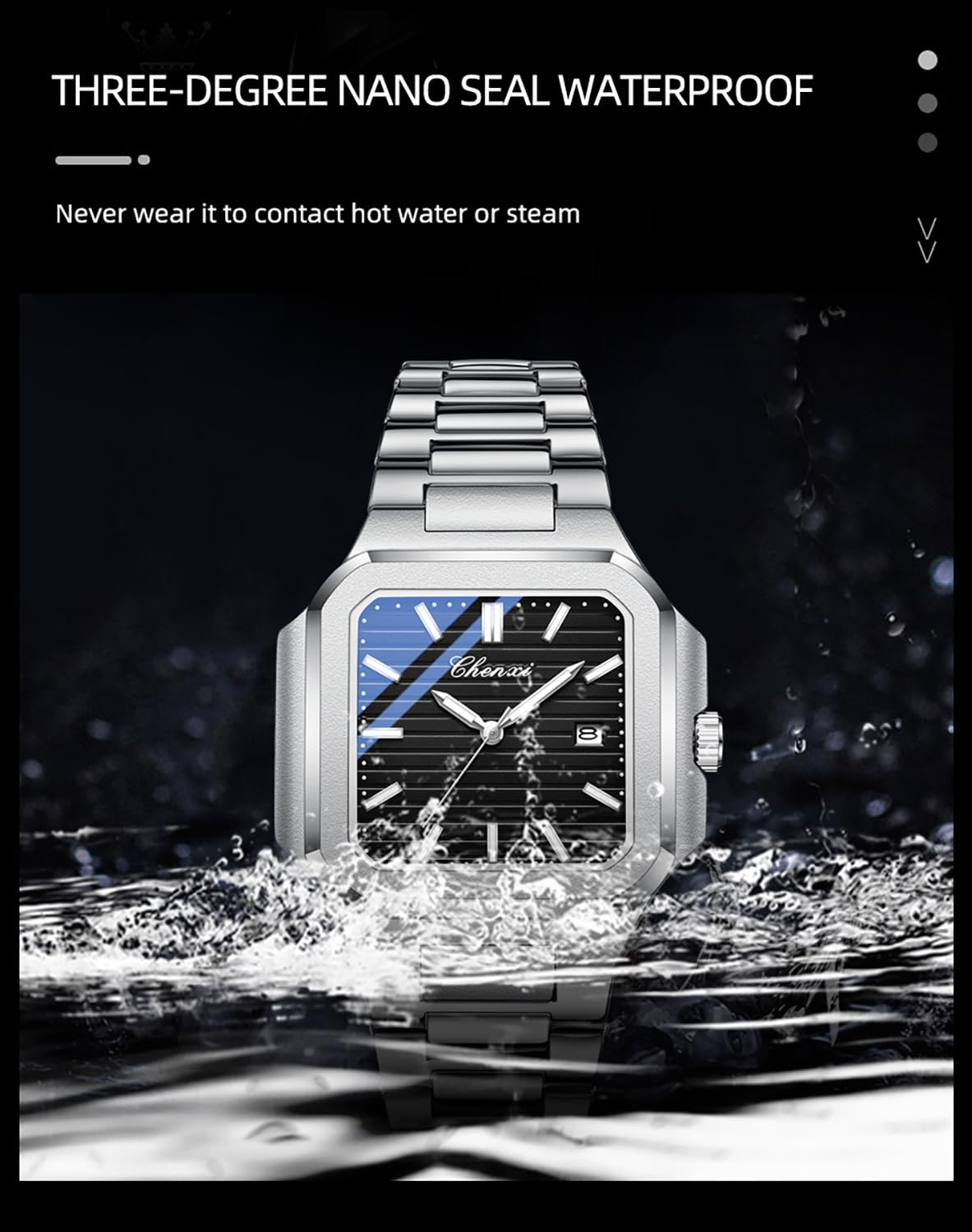 BESTKANG Men's Classic Square Watch - Silver Stainless Steel Analog Quartz Dress Watch with Luminous Hands, Date Calendar, 30M Water Resistant for Business Casual (Blue)
