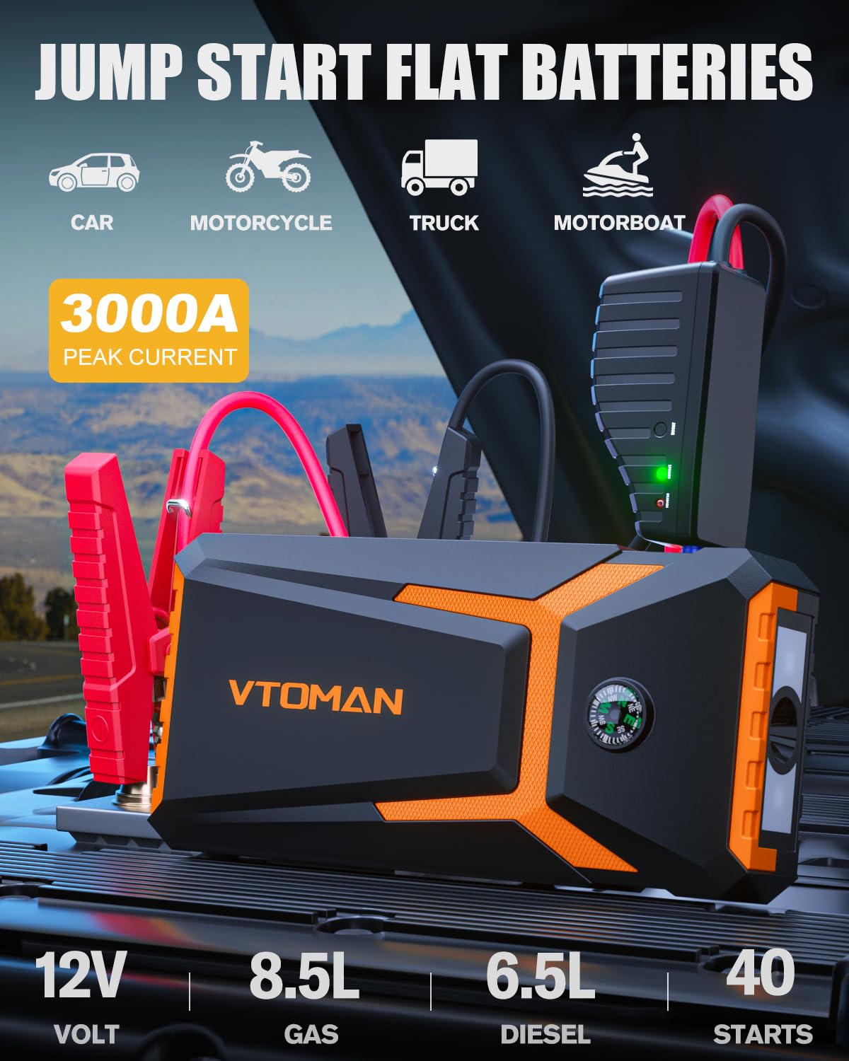 VTOMAN V8 Pro Jump Starter, 3000A Peak for Up 8.5L Gas and 6.5L Diesel Engines, Car Battery Charger Jump Starters 12V Auto Lithium Battery Booster Pack, Portable Jump Box with Jumper Cable LCD Display