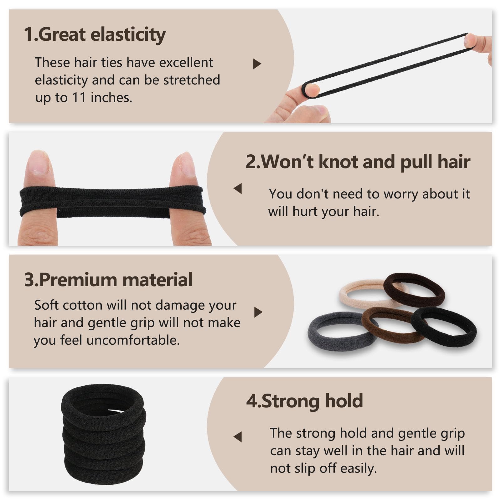 FVOLREM Hair Ties, 100 PCS No Damage Hair Elastics Hair Accessories for Women Girls, Thick Seamless Hair Ties, Neutral Color, 5 Colors Included: Black, Brown, Gray, Carnation, Light Brown