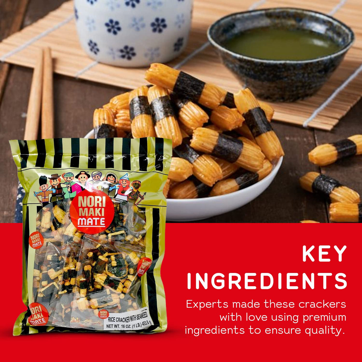 Shirakiku Norimaki Arare Mate - Crispy Japanese Rice Cracker | Glutinous Rice, Soy Sauce and Seaweed | Low Carb Rice Cracker Snacks, Seaweed Flavor 16 Oz - (Pack of 1)