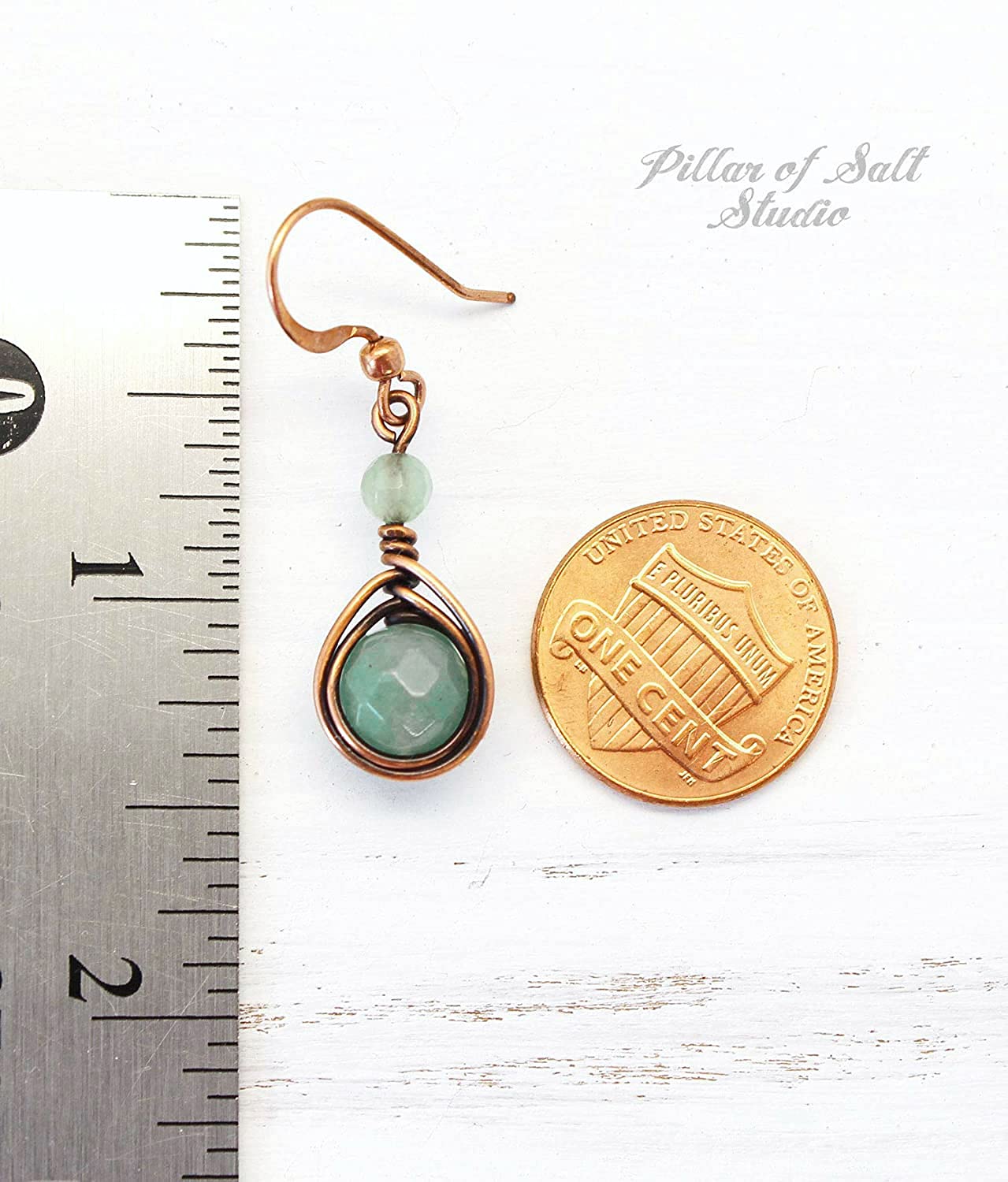 Pillar of Salt Studio Handcrafted Solid Copper Earrings with Green Aventurine Gemstone (Antiqued Copper, 1" drop)