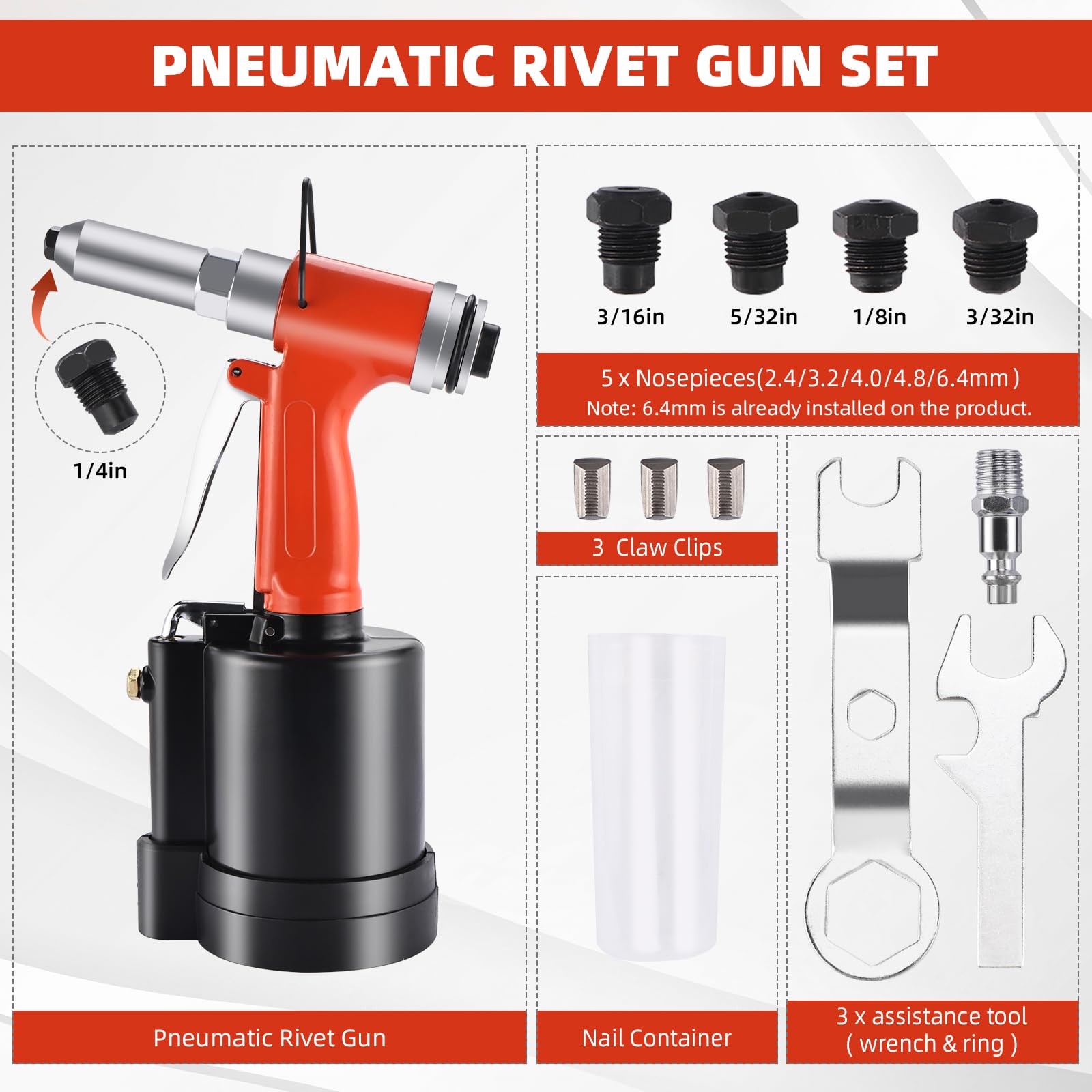 8MILELAKE Pneumatic Pop Rivet Gun Air Riveter Tool Heavy Duty Riveting Machine with 5 Sizes Nosepieces and 3 Claw Clips