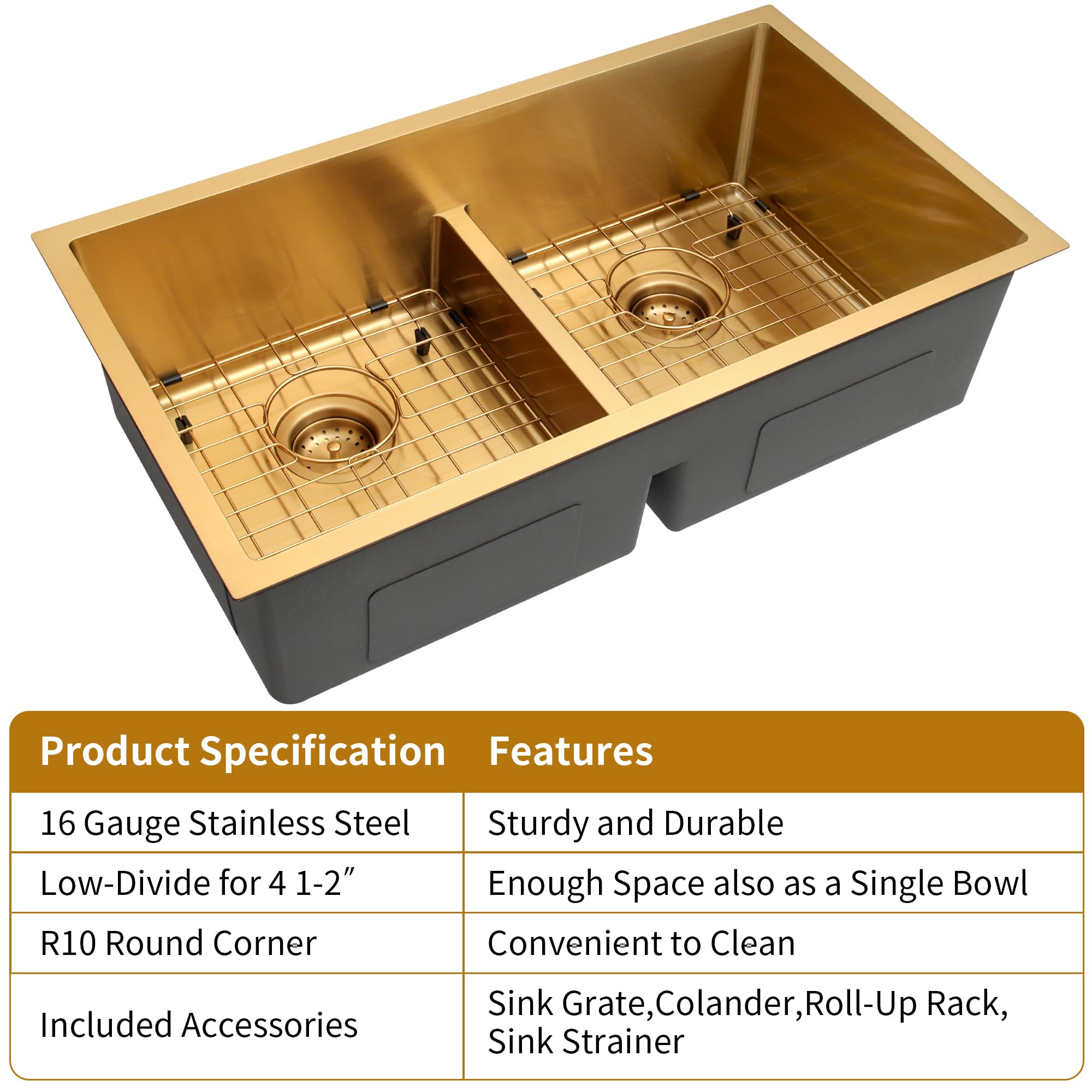 Zeesink Gold Undermount Kitchen Sink 32 X 18 inch,Double Bowl Kitchen Sinks,16 Gauge Stainless Steel Undermount Sink,Special Low-Divide Design