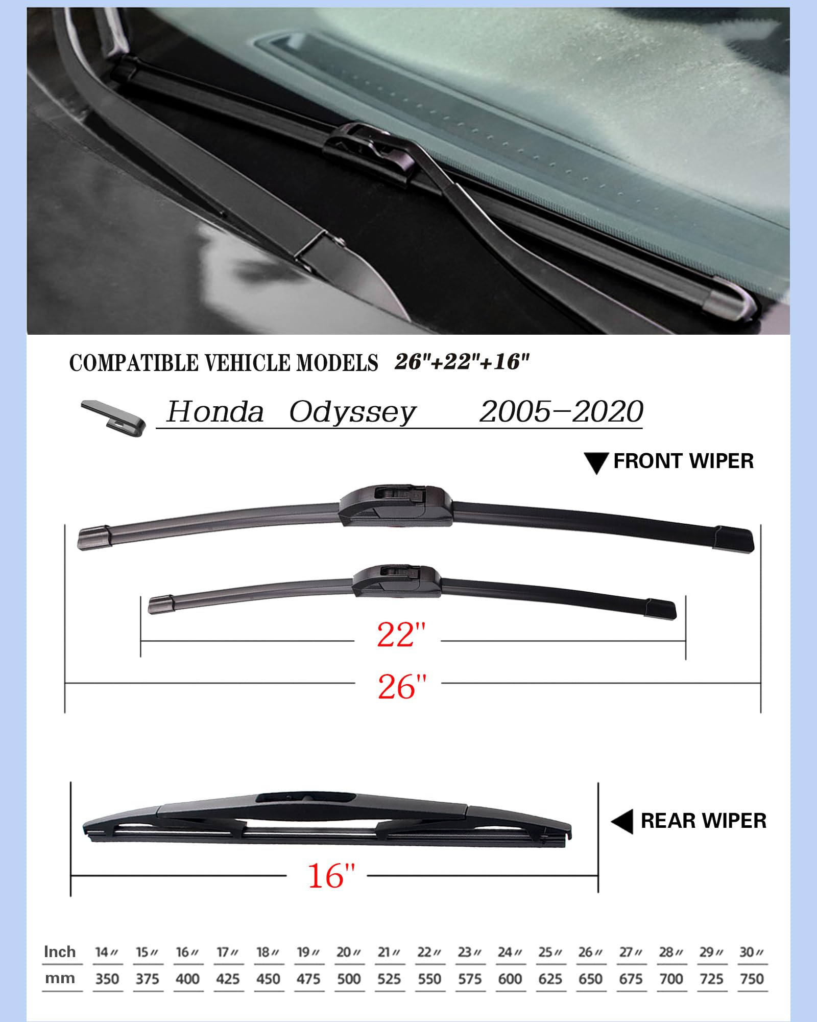 3 Wipers Factory Replacement for Honda Odyssey 2005-2020 Original Equipment Windshield Wiper Blades Set 26"+22"+16" (Set of 3) U/J HOOK