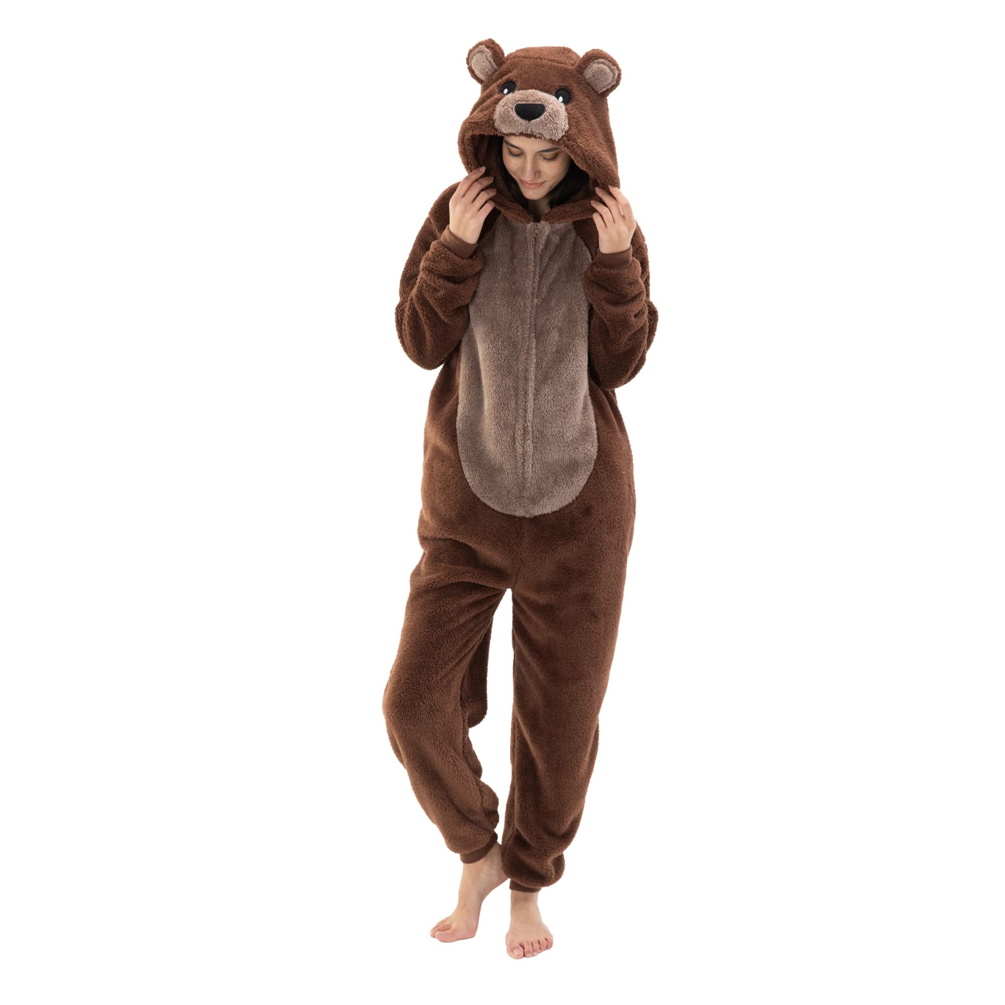 COSUSKET Snug Fit Unisex Adult Onesie Pajamas, Sherpa Bear Animal One Piece Halloween Costume Sleepwear Homewear