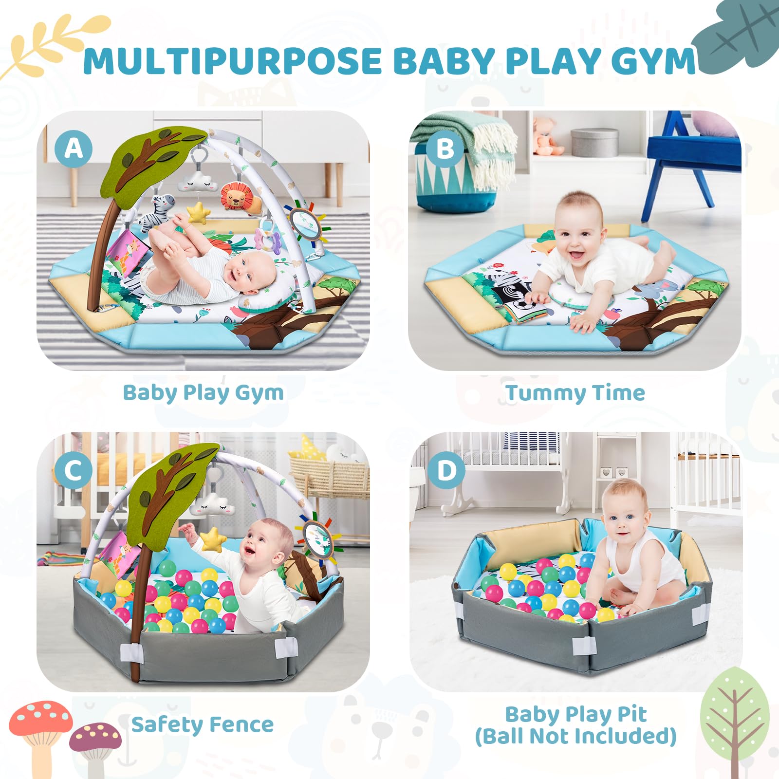 Baby Gym Play Mat, 8-in-1 Tummy Time Mat & Ball Pit with 6 Toys, Washable Baby Activity Play Mat for Visual, Hearing, Sensory, Motor Development, Baby Toys Gift for Toddler Infant 0-3-6-9-12 Month