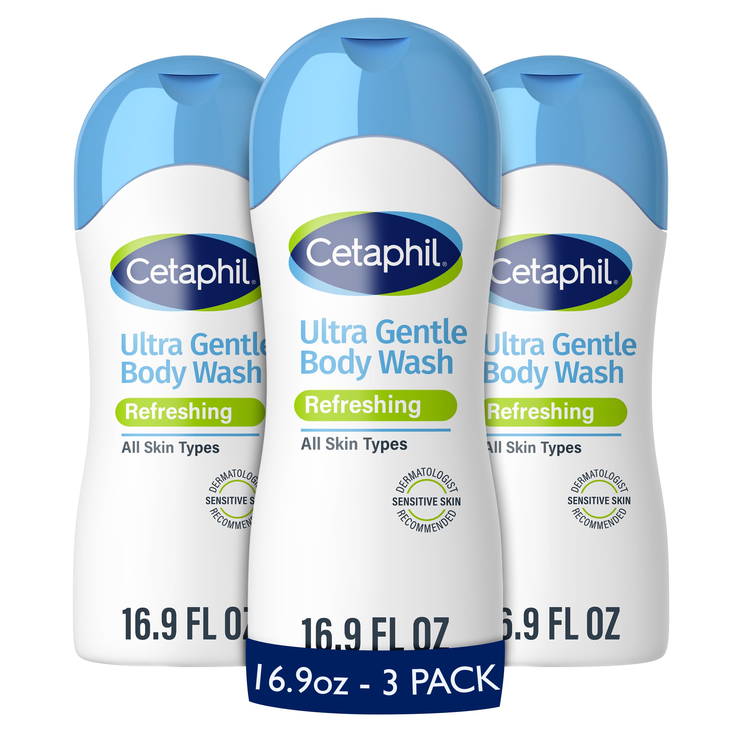 Cetaphil Ultra Gentle Refreshing Body Wash, Refreshing Scent For Dry to Normal, Sensitive Skin, 16.9oz Pack of 3, with Aloe Vera, Calendula, Vitamin B5, Hypoallergenic, Dermatologist Tested