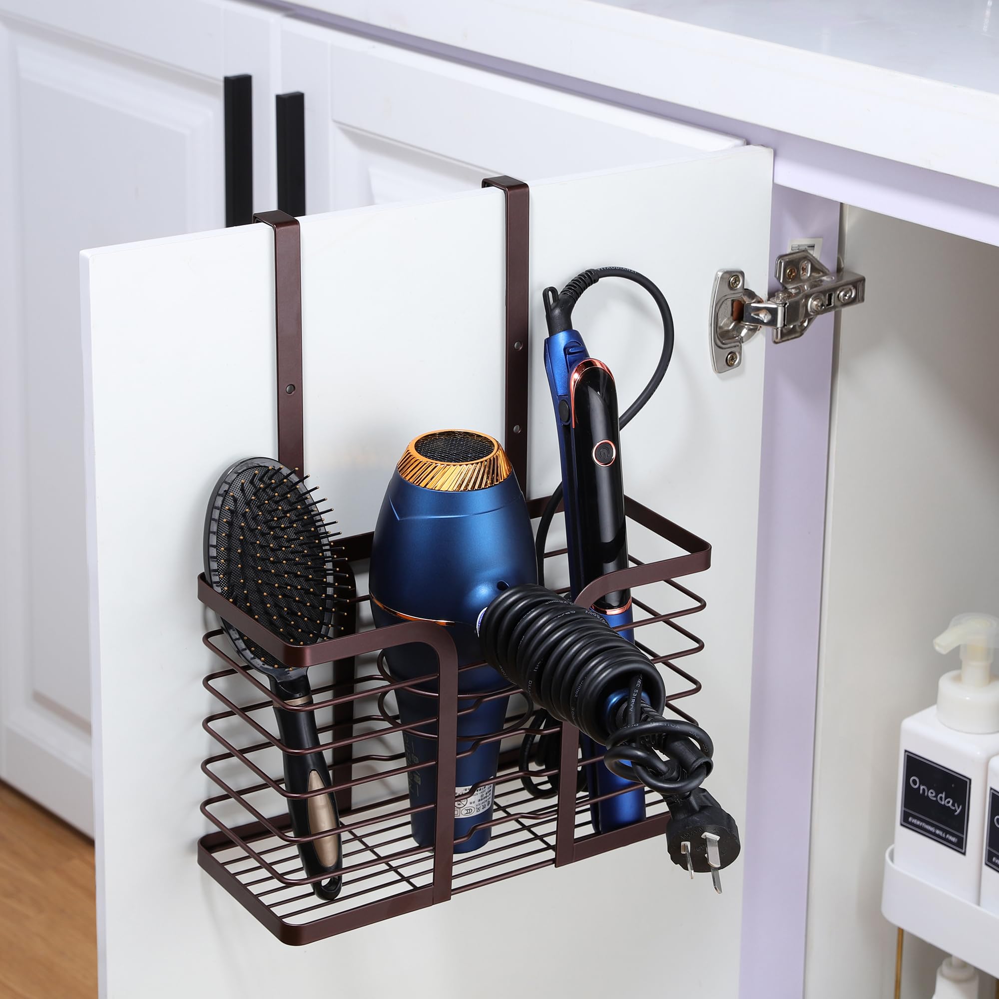 YIGII Hair Dryer Holder - 3-in-1 Blow Dryer Holder Adjustable Height Brown Bathroom Organizer Wall Mounted/Cabinet Door Styling Tools Storage for Hair Dryers, Straighteners