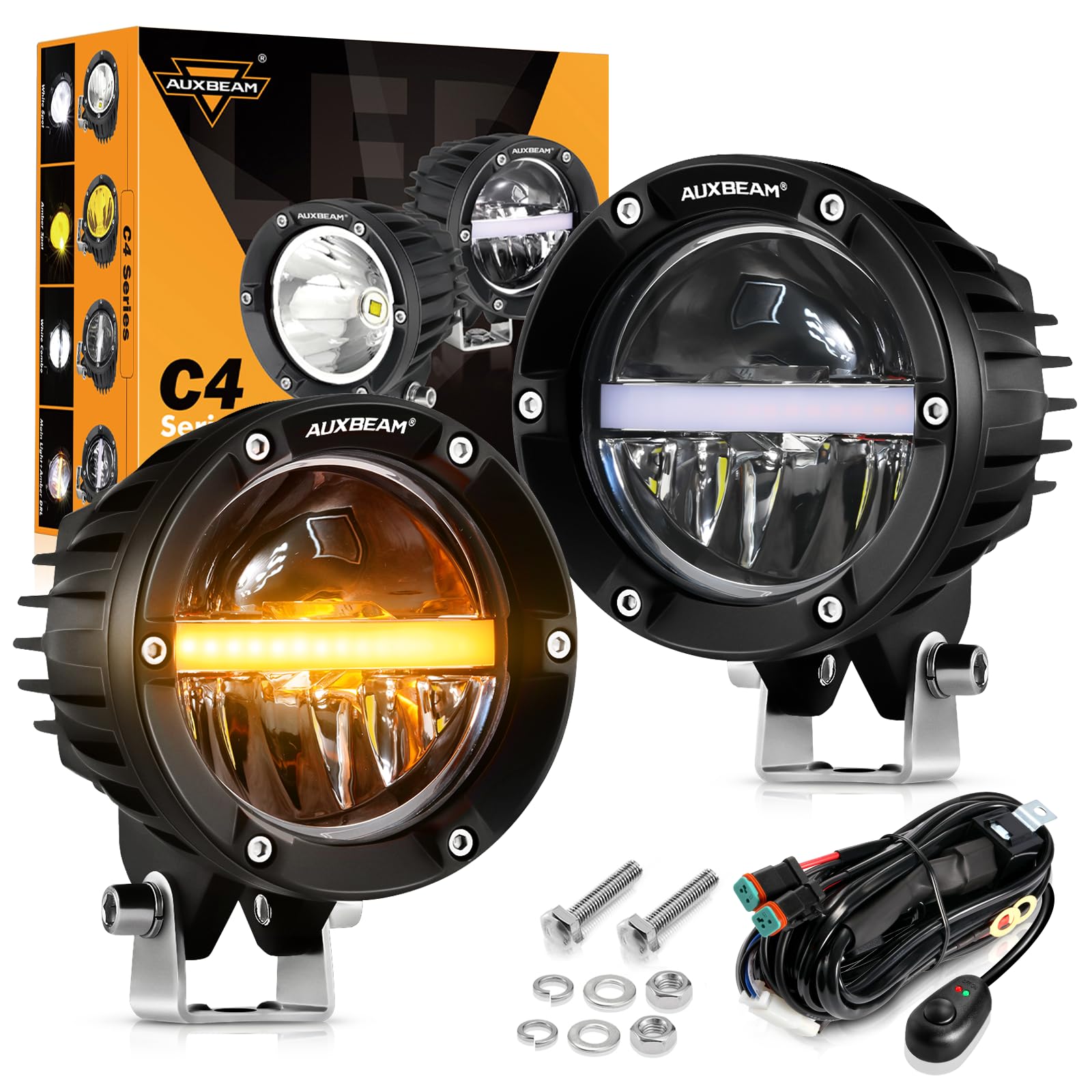 Auxbeam 4 Inch 110W Round Offroad Lights, Amber DRL Design 11000LM LED Light Pods, Super Bright 7035 SMD LED Work Driving Fog Light with DT Wiring Harness Kit for Truck Jeep Pickup SUV ATV UTV, 2 PCS