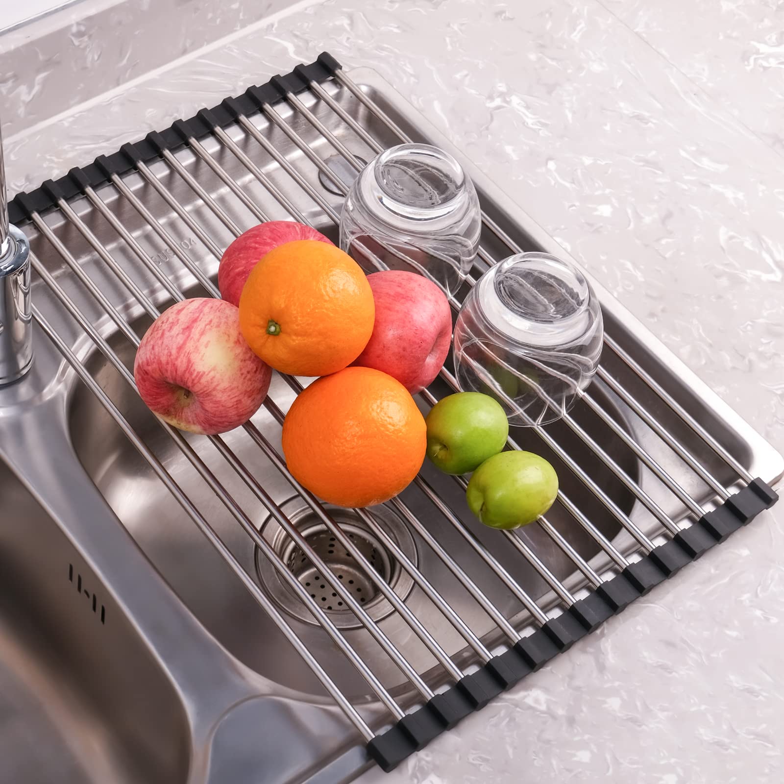 Seropy Roll Up Dish Drying Rack Over The Sink Drying Rack for Kitchen Counter, Rolling Dish Rack Over Sink Mat, Foldable Dish Drainer Stainless Steel Sink Rack Kitchen Organization Gadgets