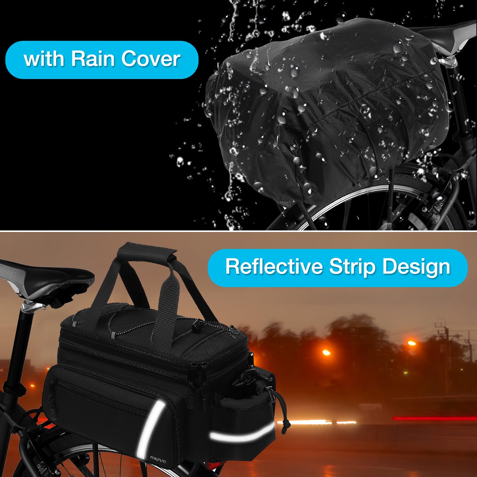 MOSISO Bike Rack Bag with Rain Cover,Bike Trunk Cooler Bag Insulated Bicycle Rear Seat Bag with 2 Foldable Bike Panniers,8L Cycling Bike Backseat Storage Pouch Cargo Saddle Shoulder Bag, Black