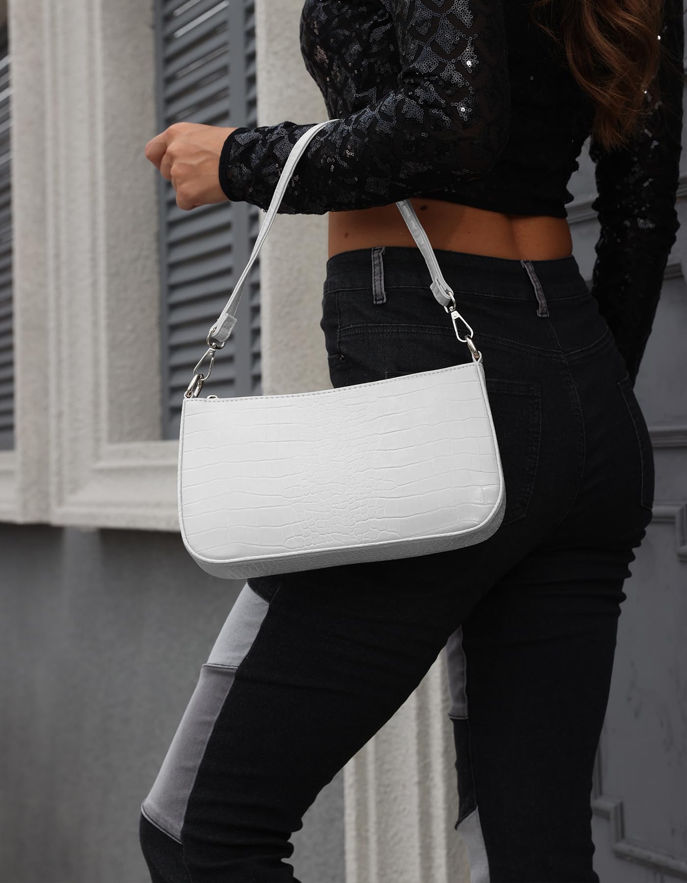 NIUEIMEE ZHOU Small Shoulder bag with 2 Removable Straps Cross Body Clutch Purse Handbag for Women (White With Croc Pattern)