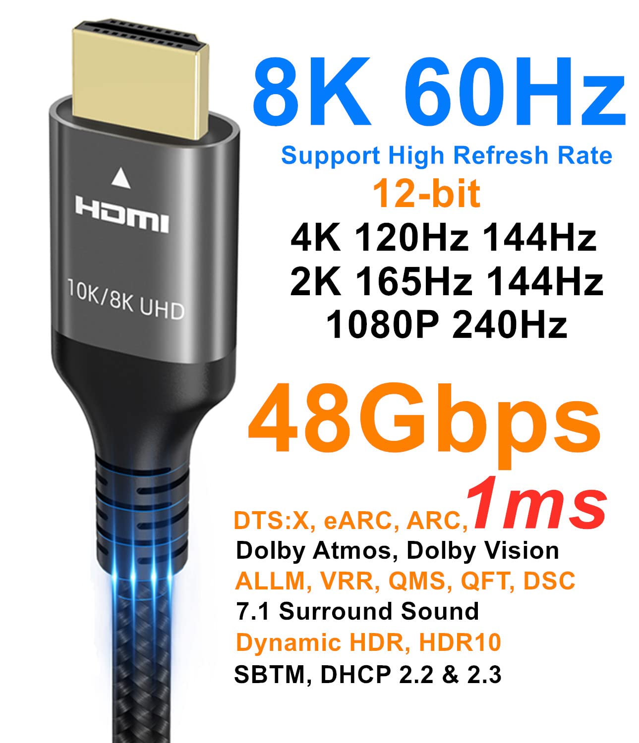 Ubluker 10K 8K 4K HDMI Cable 48Gbps 6.6 FT, Certified Ultra High Speed HDMI® Cable 4K 240Hz 144Hz 120Hz 8K60Hz 0.01ms HDR10+ eARC HDCP2.3 Netflix Roku TV PC Monitor Projector PS5 Xbox