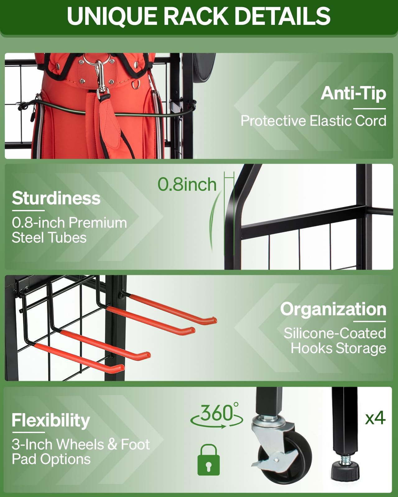 FHXZH Golf Bag Storage Garage Organizer, 3 Golf Bag Stand and Sports Equipment Storage Rack for Garage with Wheels, 4 Hooks, Golf Accessories Storage Rack with Extra Golf Clubs Display Rack