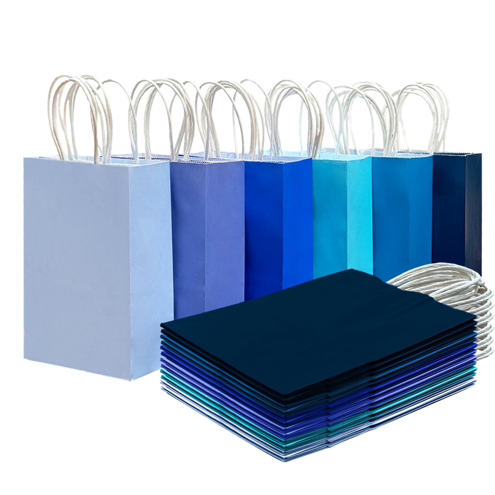 qiqee 30PCS Small Gift Bag with Handles Bulk 8.3"x6"x3" Gift Bags 6 Different Blue Color Bags Multiple Uses (Small Size)