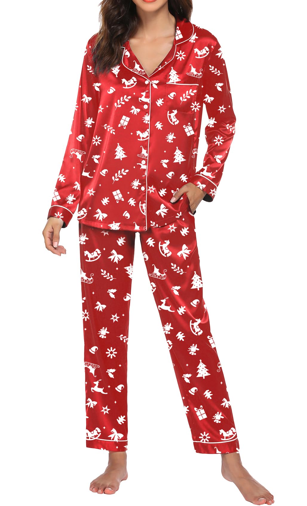 Ekouaer Silk Satin Pajamas Women's Long Sleeve Pj Set Soft Button Down 2 Piece Sleepwear Loungewear Christmas Red Print,M