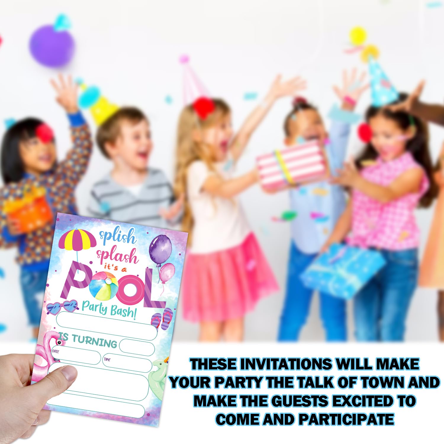 haipino Splish Splash Pool Birthday Party Invitation, Pool Party Invitation Cards for Kids Girls Boys, Summer Swimming Birthday Party Celebration Supplies, 20 Invitations with Envelopes - JY741