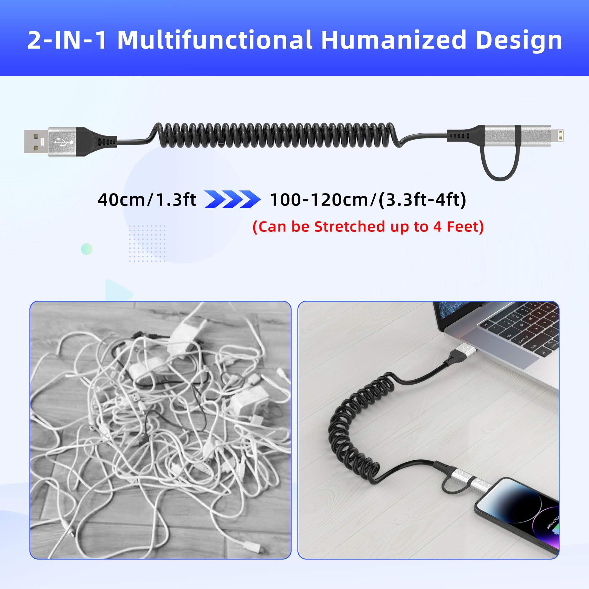 USB to USB-C and Lightning Cable 2 in 1 Coiled Cable Aple Carplay & Android Auto Compatible [MFi & 3A Fast Charge & Data Sync] Coiled Lightning and USB C Cable for iPhone 16/15/14/13/Android, Silver