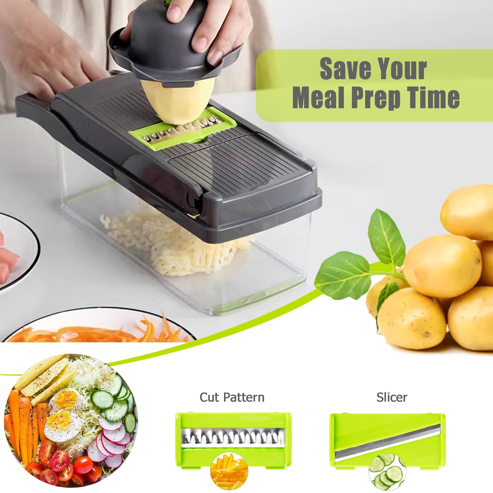 Krubeco Onion Chopper,Vegetable Chopper Food Chopper with Large Container,10 in 1 Adjustable Mandolin Slicer, Multi-Blade for Food Salad Potato Veggie Fruit Chopper Cutter (Grey)