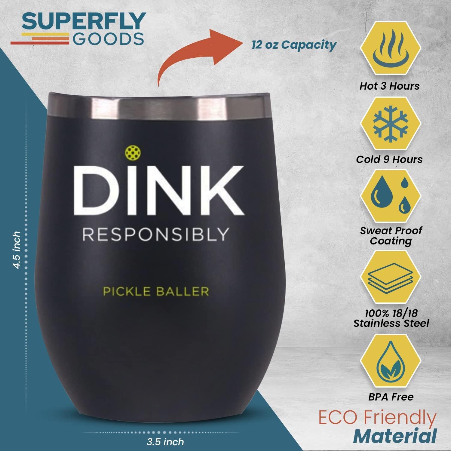 Super Fly Goods Pickle Ball Dink Responsibly pickleball Lovers Stemless Wine Tumbler Gift for Men Women or Partners Players 12 oz Insulated Stainless Steel Wine Glass (Pickleball)