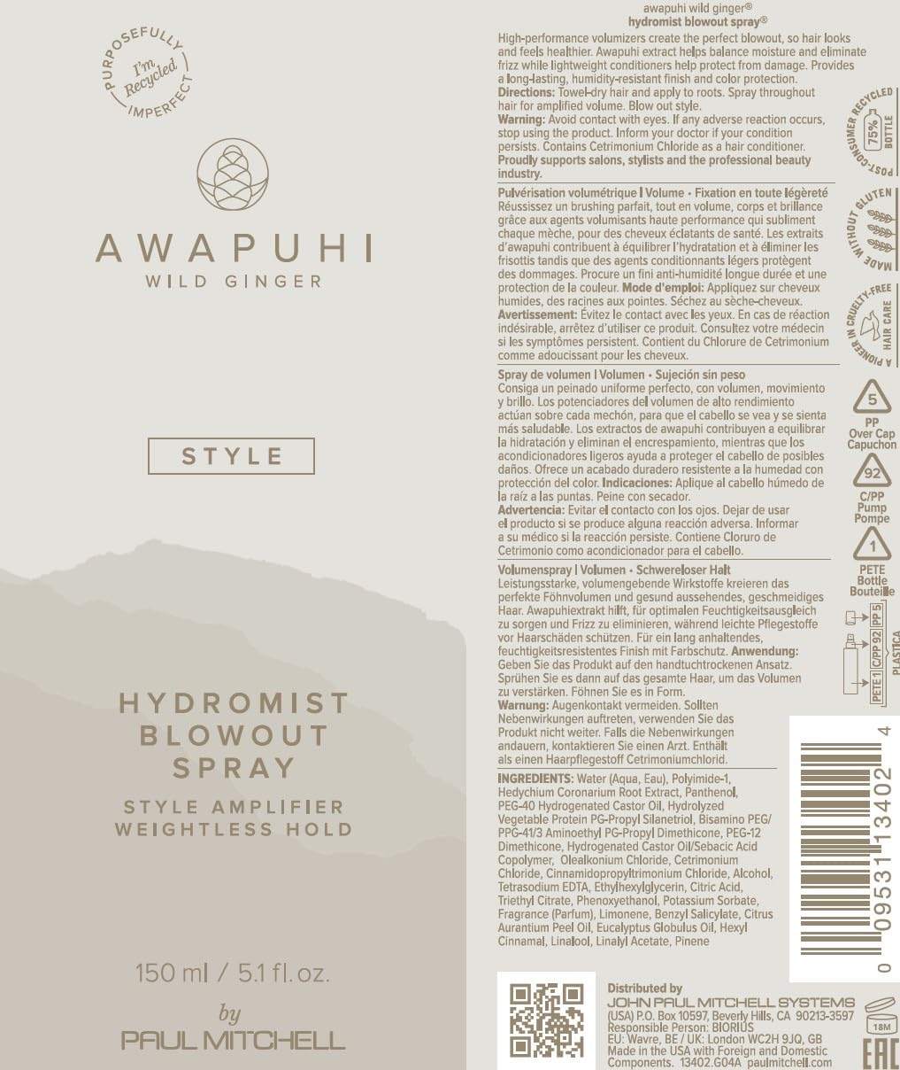 Awapuhi Wild Ginger by Paul Mitchell HydroMist Blowout Spray, Style Amplifier, Weightless Hold, For All Hair Types, 5.1 fl. oz.