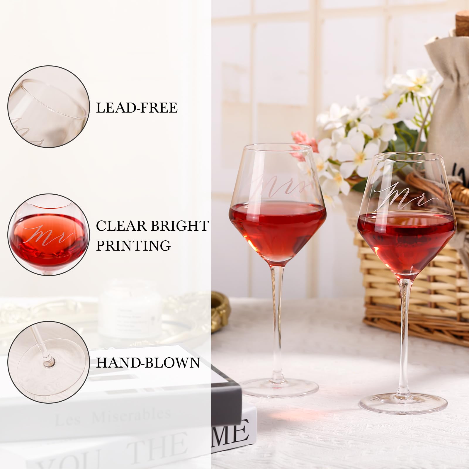 SIPBYSOP Wedding Gifts Mr and Mrs Wine Glasses, Bridal Shower Engagement Gifts for Couples,Wedding Glasses for Bride and Groom, Memory Keepsake Box, Wine Bag, Greeting Card