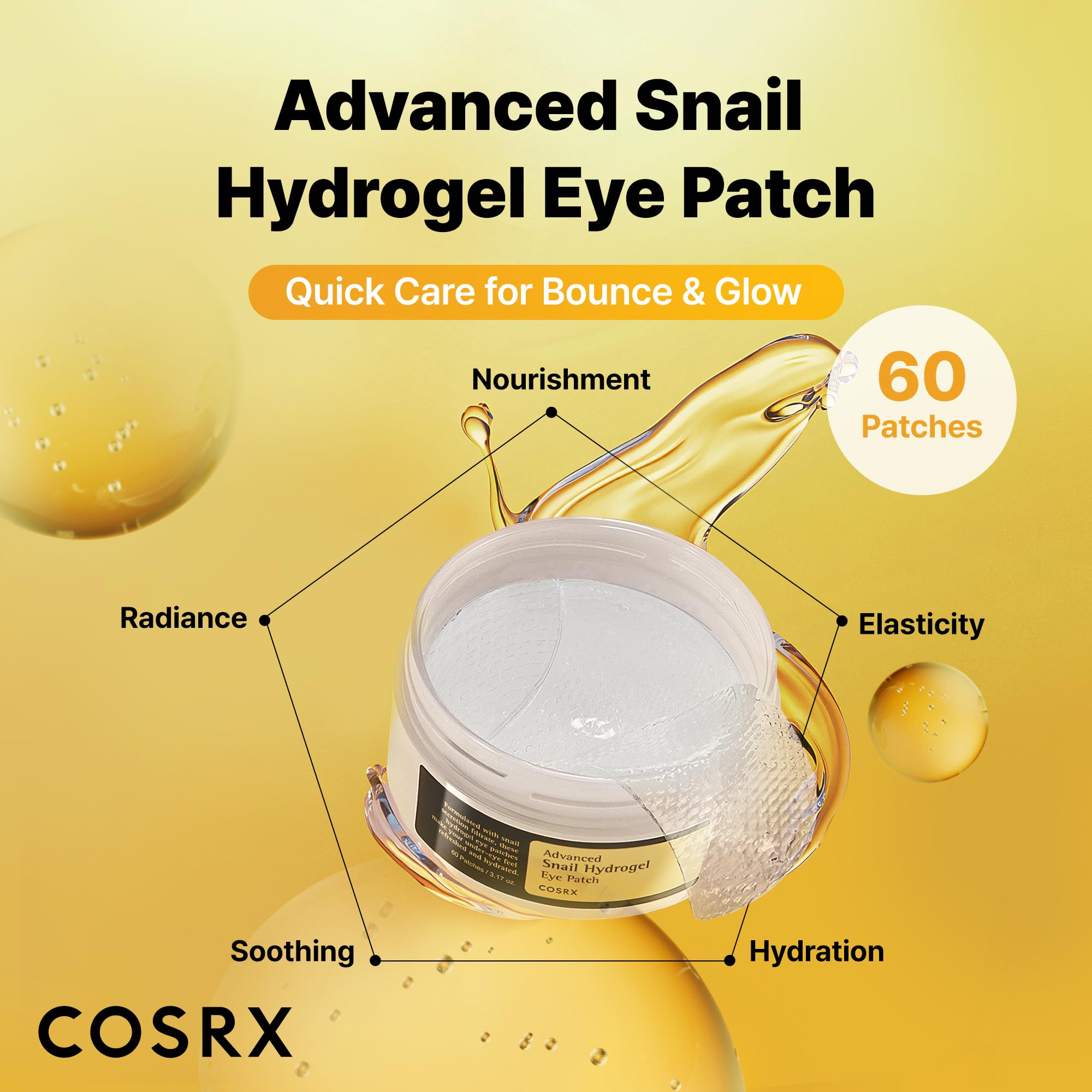 COSRX Advanced Snail Hydrogel Eye Patch (60pc), Gel Serum Mask, Puffy Under Eye Treament, Fine Lines, Refresh, Hydrate, Korean Skin Care