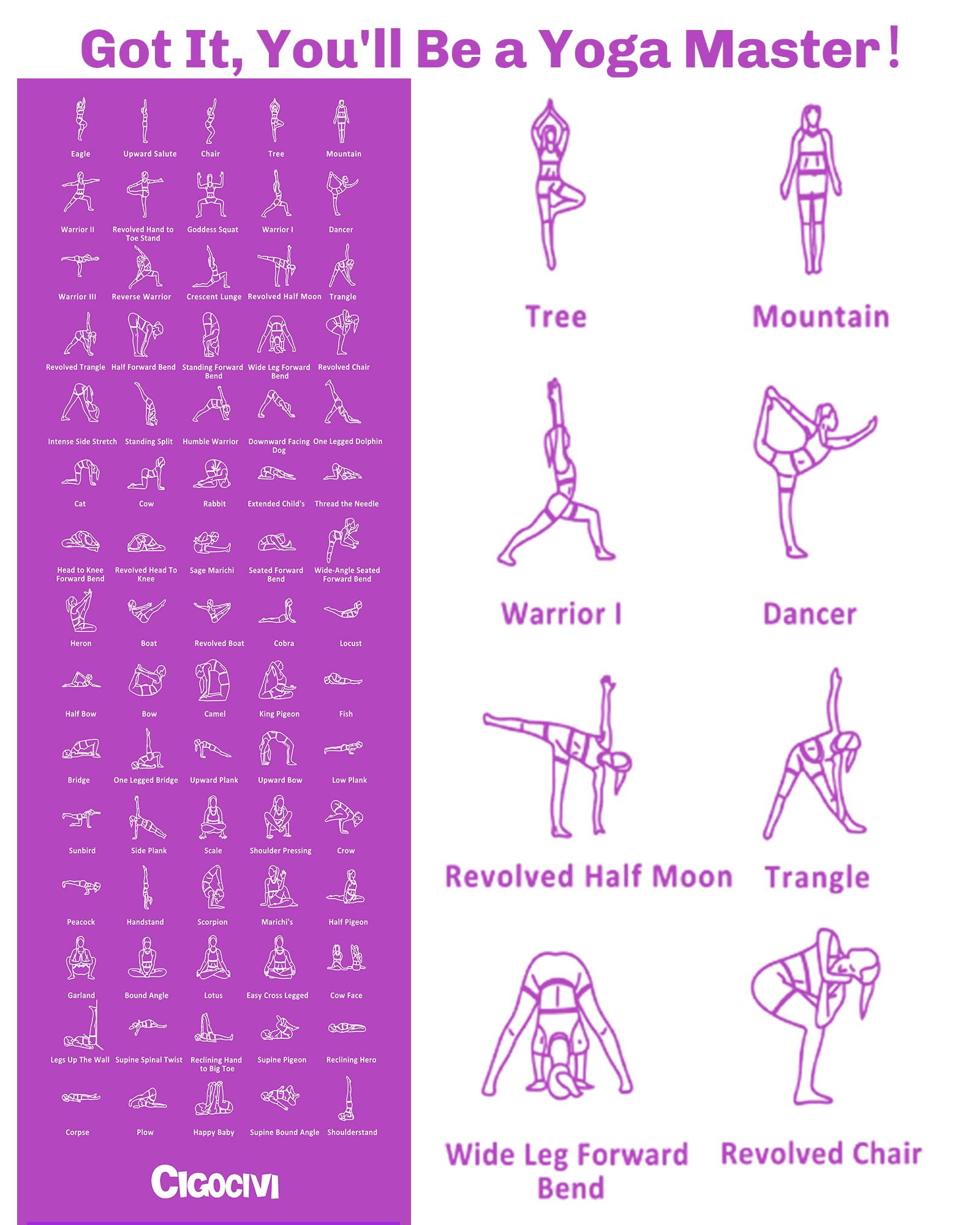 Upgrade New Instructional Yoga Mat with 75 Poses Printed on It, 6mm Travel Yoga Mat with Bag Christmas Gifts for Women and Men, 1/4 Inch Extra Thick Non-Slip (Purple/Blue)