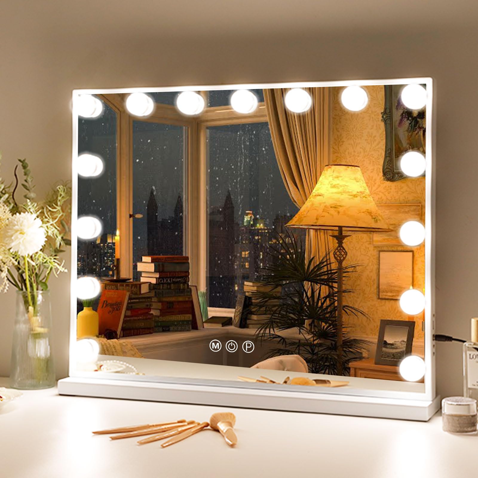 Fenair Vanity Mirror with Lights 22.8"x 18.1" Makeup Mirror with Lights and 15 Dimmable Bulbs,3 Colors Modes,Hollywood Mirror with USB Charging Port and 10X Detachable Magnification Mirror