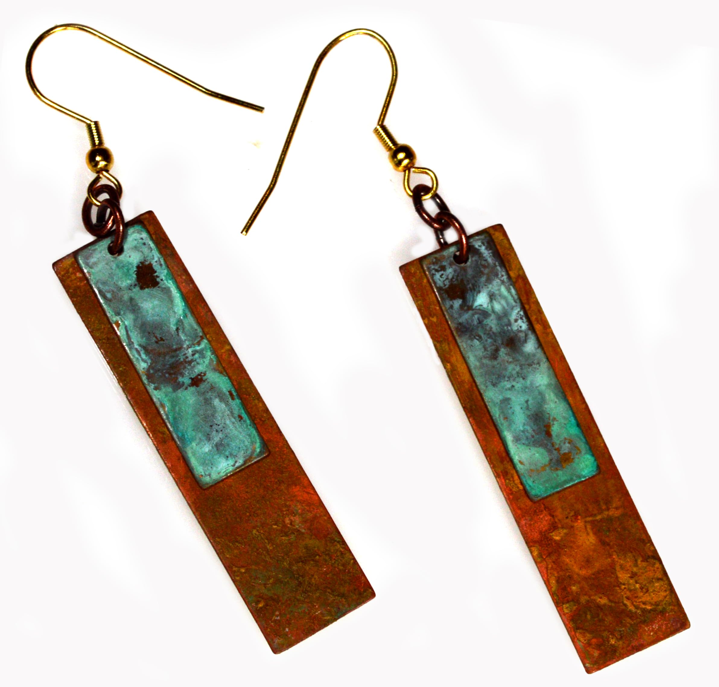 Elaine Coyne Verdigris and Earth Patina Bohemian Chic Elongated Rectangle Earrings