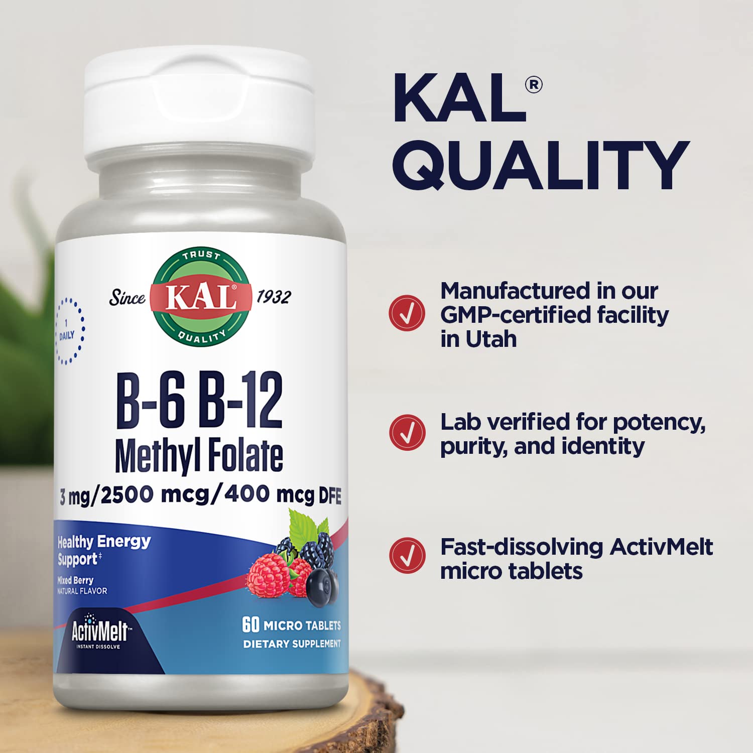 KAL Vitamin B-6 B-12 Methyl Folate ActivMelt, Vitamin B Supplement, Heart Health, Energy and Red Blood Cell Support with Methyl B12 and DFE Folic Acid, Natural Berry Flavor, 60 Servings, 60 Micro Tabs