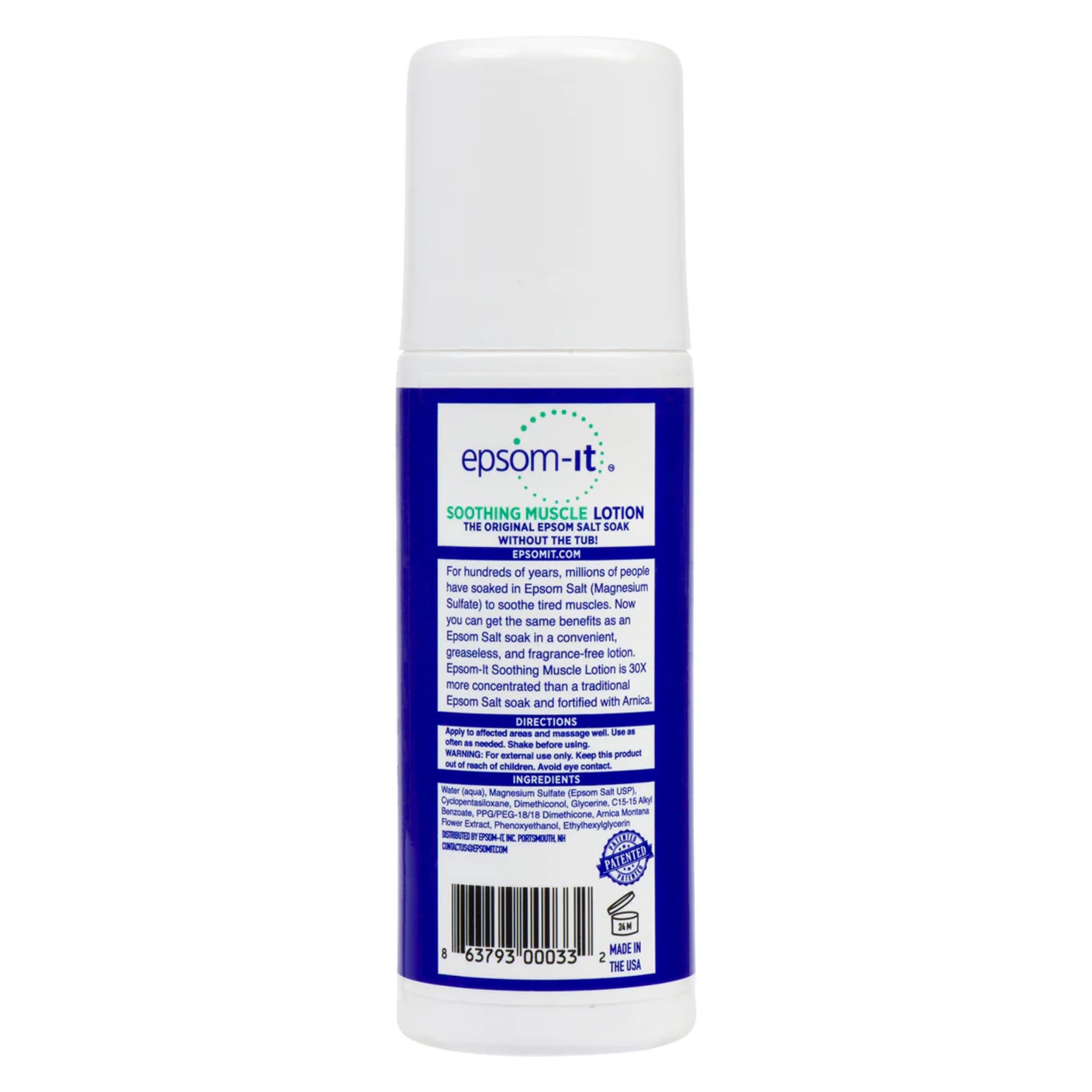 Epsom-It Soothing Muscle Lotion - Roll On Epsom Salt Lotion with Arnica for Muscle Aches and Stiffness, Leg Cramps, Knees and Tired, Achy Feet, Topical Magnesium Cream, 3oz.